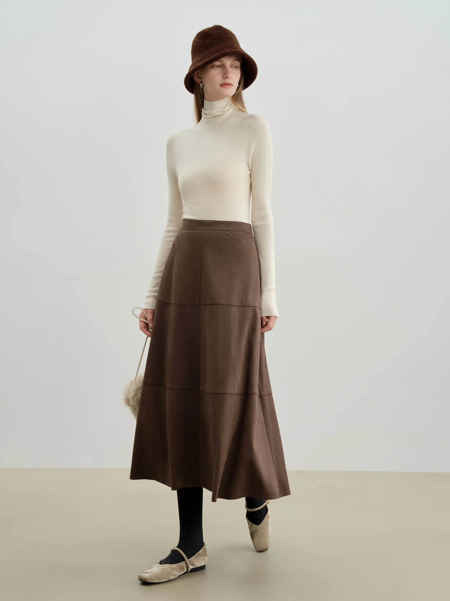 ZIQIAO Petite Size 2025 Women's Vintage Panelled A-Line Midi Skirt Retro Split Hem Long Skirt Elegant High Waist Autumn Winter