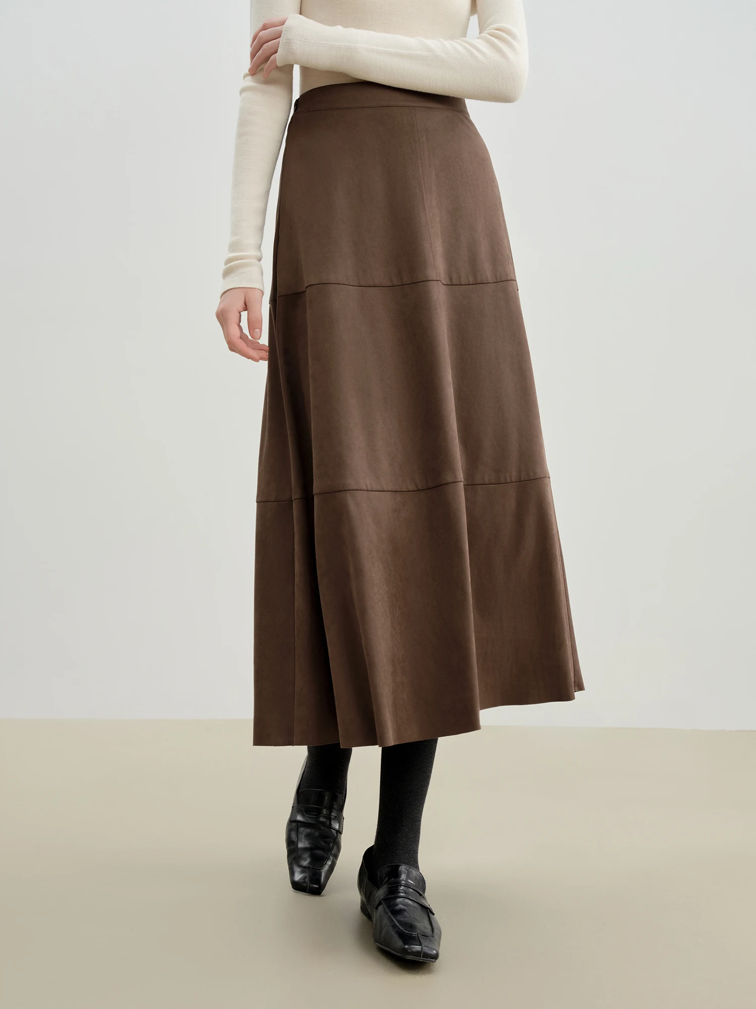 ZIQIAO Petite Size 2025 Women's Vintage Panelled A-Line Midi Skirt Retro Split Hem Long Skirt Elegant High Waist Autumn Winter