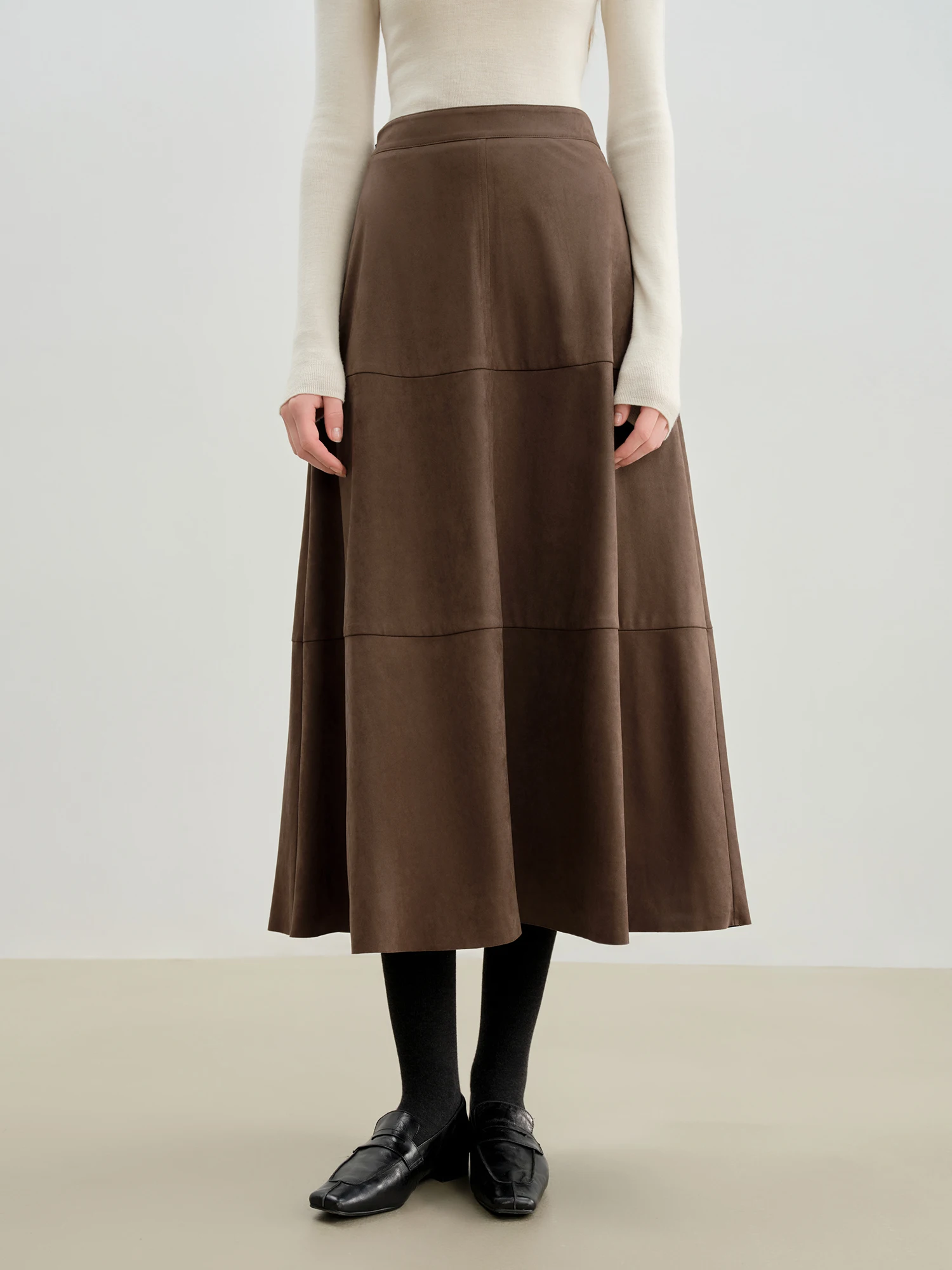ZIQIAO Petite Size 2025 Women's Vintage Panelled A-Line Midi Skirt Retro Split Hem Long Skirt Elegant High Waist Autumn Winter