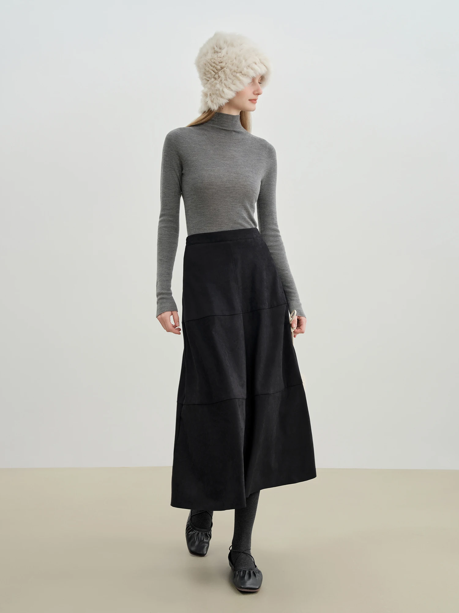 ZIQIAO Petite Size 2025 Women's Vintage Panelled A-Line Midi Skirt Retro Split Hem Long Skirt Elegant High Waist Autumn Winter