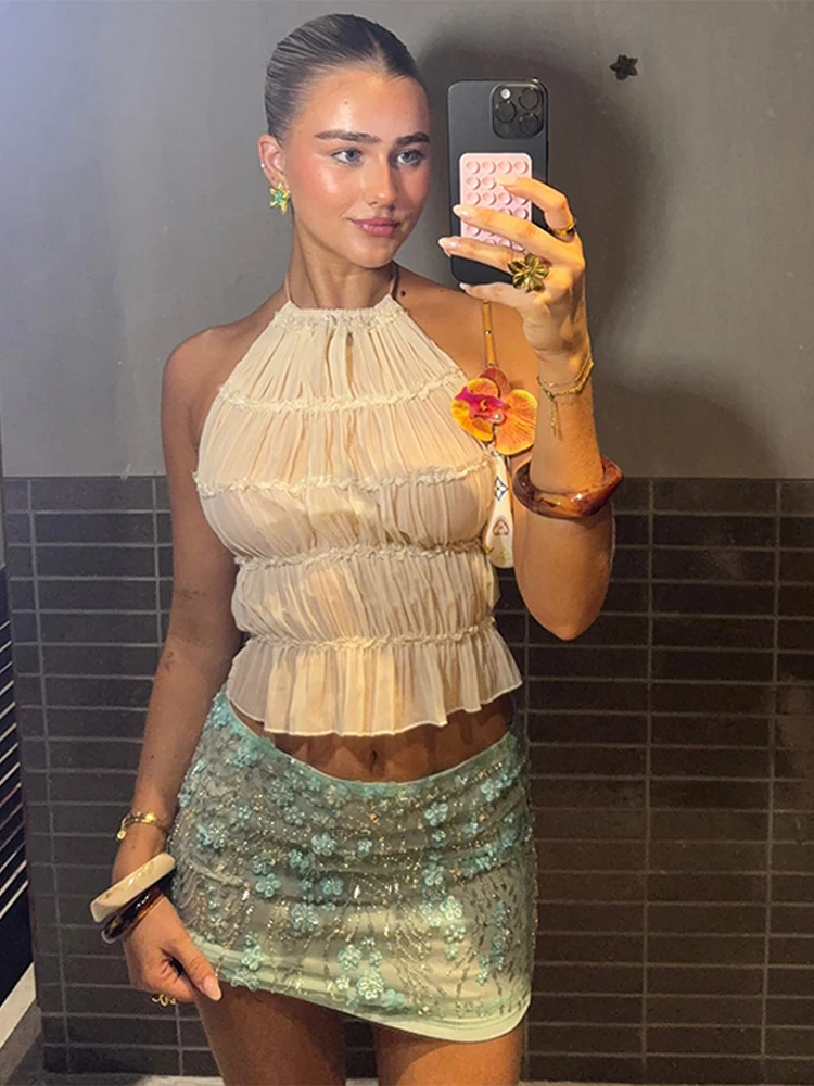 Beaded Sequin Flower Women Skirt Mint Green Candie Mesh See Through Glitter Gown High Waist Slimming Wrap Hip Short Skirts New