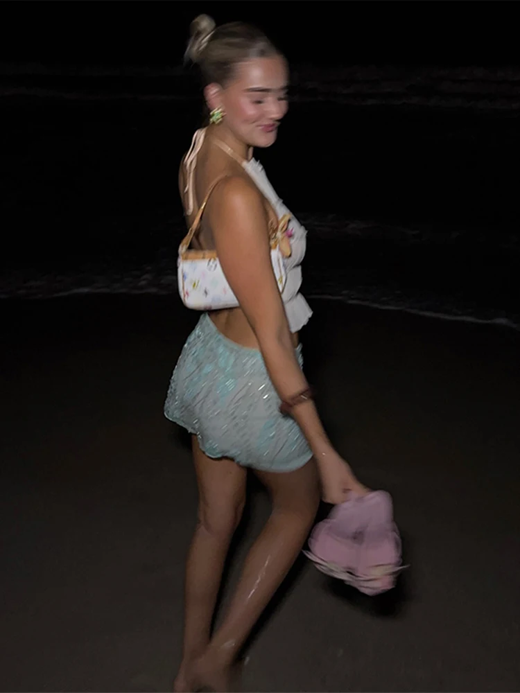 Beaded Sequin Flower Women Skirt Mint Green Candie Mesh See Through Glitter Gown High Waist Slimming Wrap Hip Short Skirts New