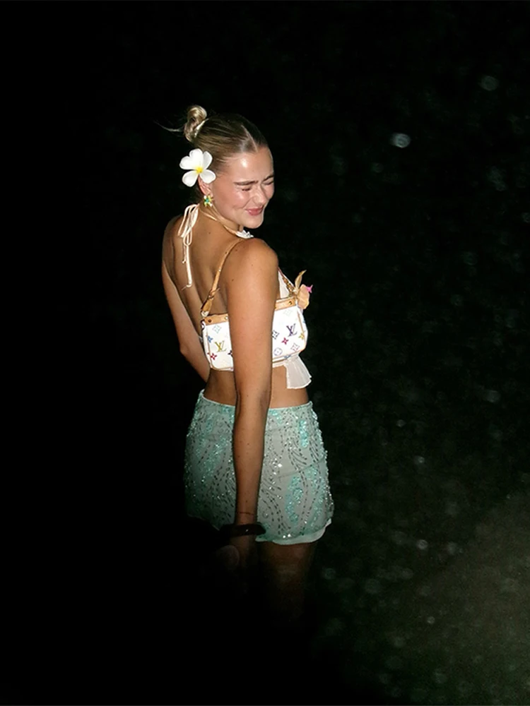 Beaded Sequin Flower Women Skirt Mint Green Candie Mesh See Through Glitter Gown High Waist Slimming Wrap Hip Short Skirts New