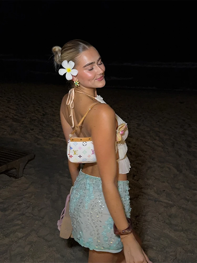 Beaded Sequin Flower Women Skirt Mint Green Candie Mesh See Through Glitter Gown High Waist Slimming Wrap Hip Short Skirts New