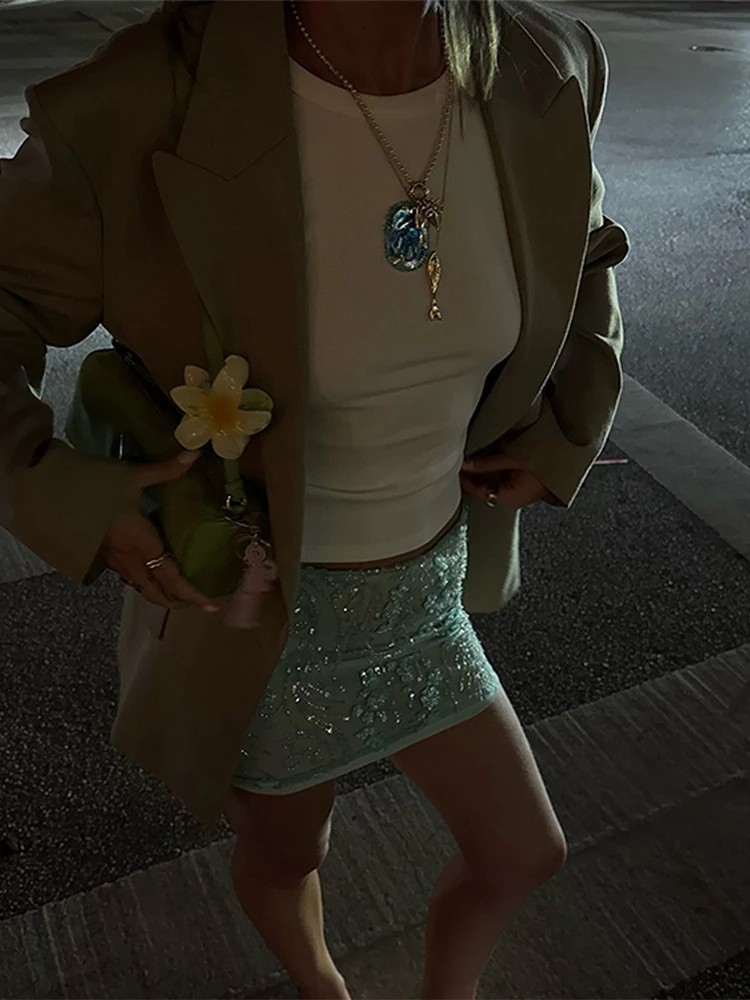 Beaded Sequin Flower Women Skirt Mint Green Candie Mesh See Through Glitter Gown High Waist Slimming Wrap Hip Short Skirts New