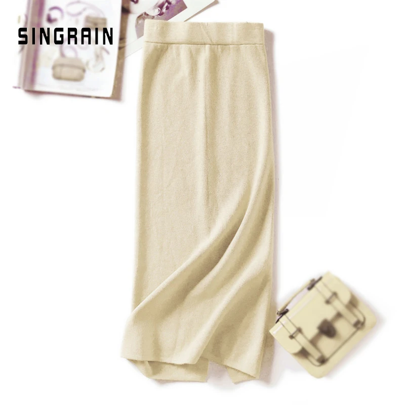 SINGRAIN Women sweater skirt pencil midi knitted skirt high waist skirts womens winter long warm knitting skirts split bottoms