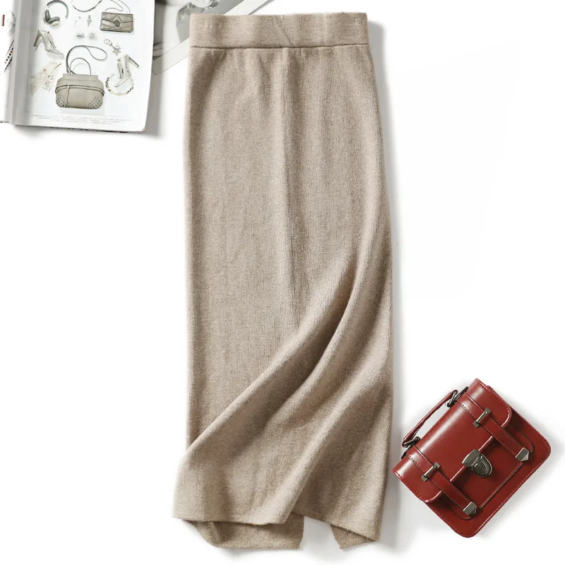 SINGRAIN Women sweater skirt pencil midi knitted skirt high waist skirts womens winter long warm knitting skirts split bottoms