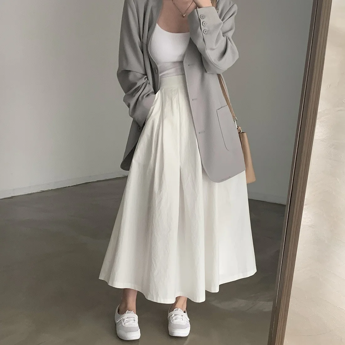 2024 Women Elegant White Long Skirts High Waist A-Line Cotton Maxi Skirts Women Casual Skirts Jupe Femme Saias Mujer