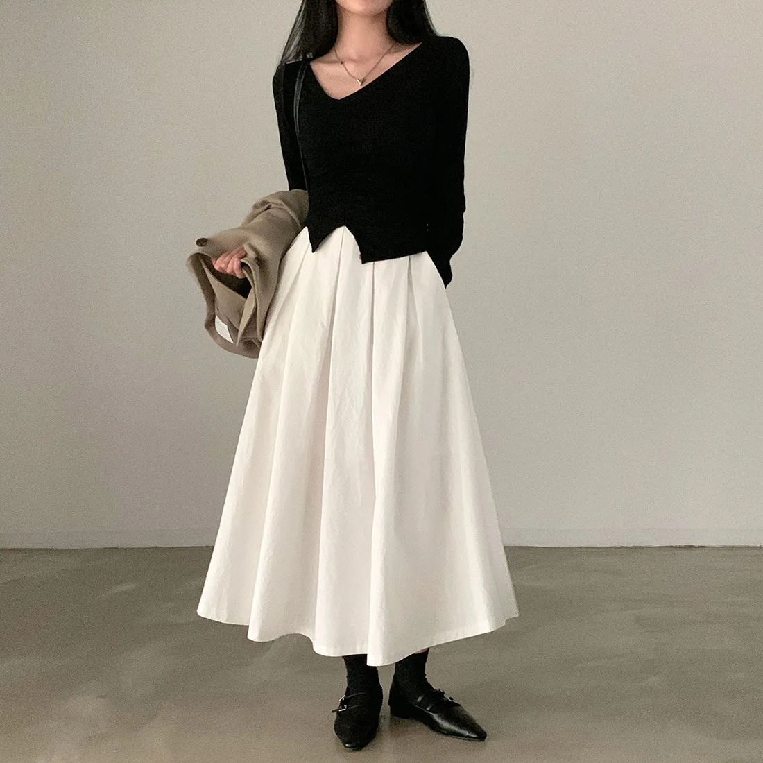 2024 Women Elegant White Long Skirts High Waist A-Line Cotton Maxi Skirts Women Casual Skirts Jupe Femme Saias Mujer