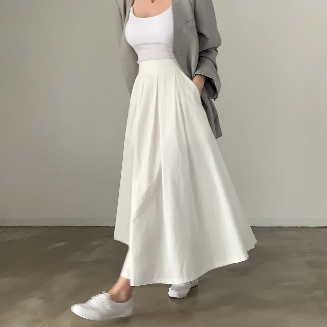 2024 Women Elegant White Long Skirts High Waist A-Line Cotton Maxi Skirts Women Casual Skirts Jupe Femme Saias Mujer