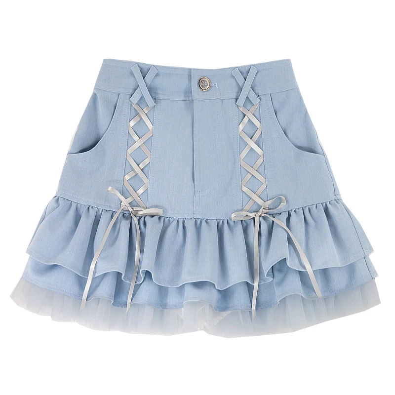 Japanese Kawaii Mini Skirt Women Summer Casual Designer Elegant Lolita Sexy Skirt High Waist Lace Bandage Y2k Sweet Skirt 2024