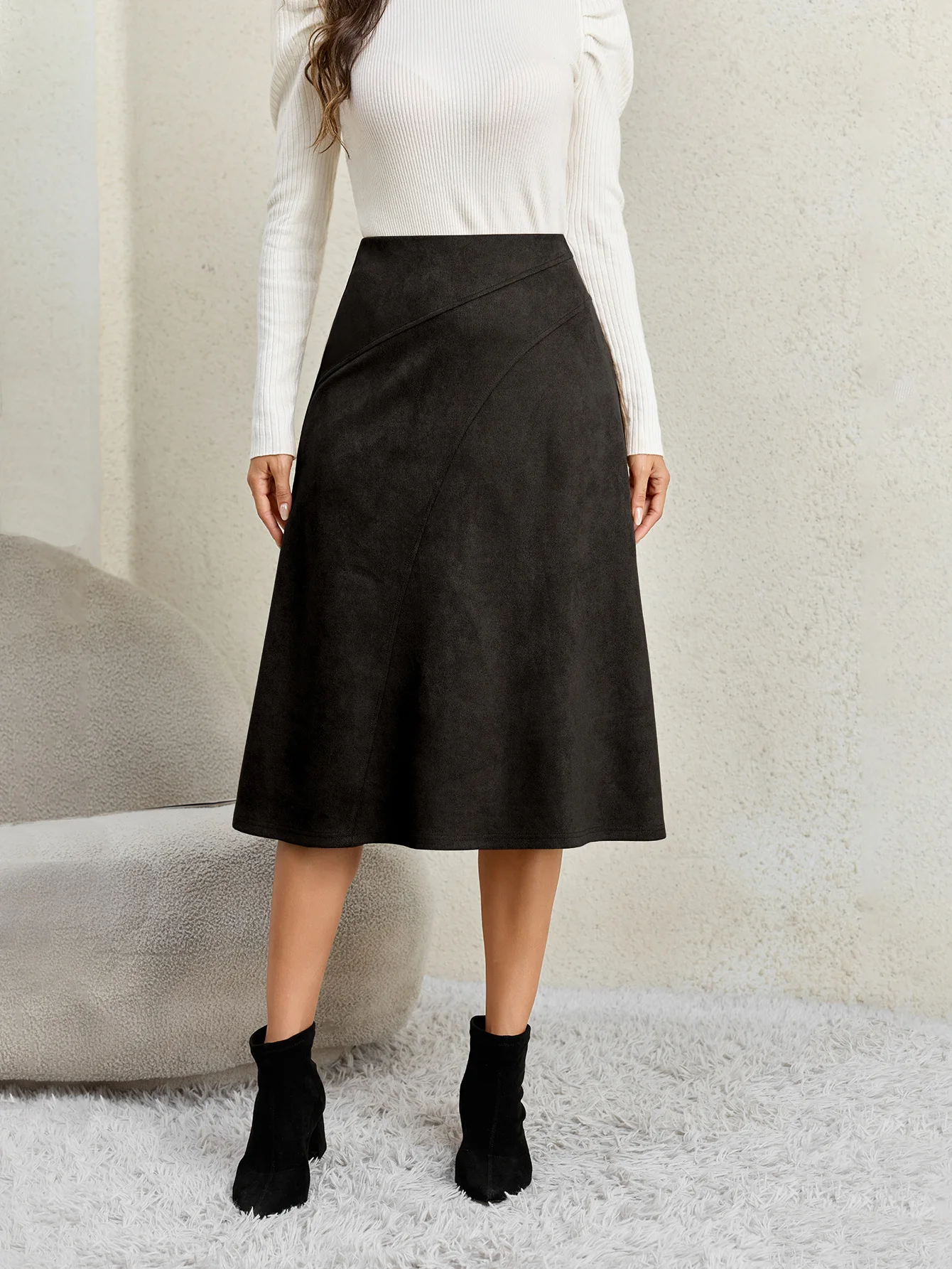 Women's Autumn Winter Suede Midi Skirts 2026 Fashion High Waist A-line Office Lady Casual Skirt