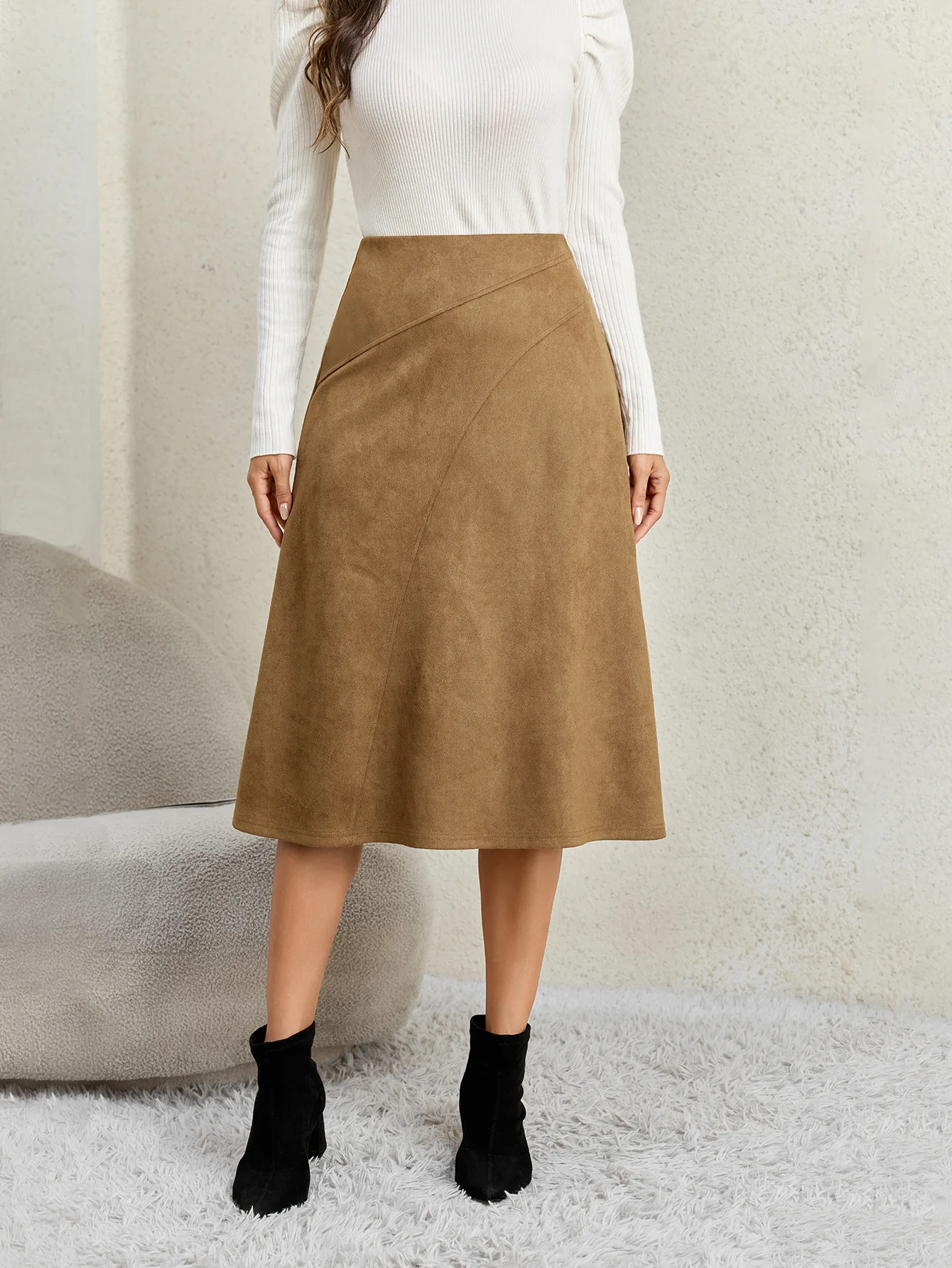Women's Autumn Winter Suede Midi Skirts 2026 Fashion High Waist A-line Office Lady Casual Skirt