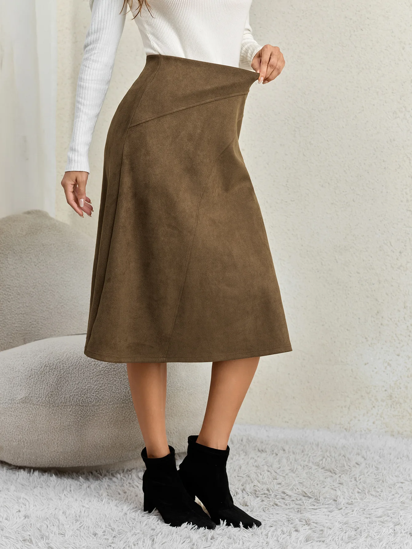 Women's Autumn Winter Suede Midi Skirts 2026 Fashion High Waist A-line Office Lady Casual Skirt