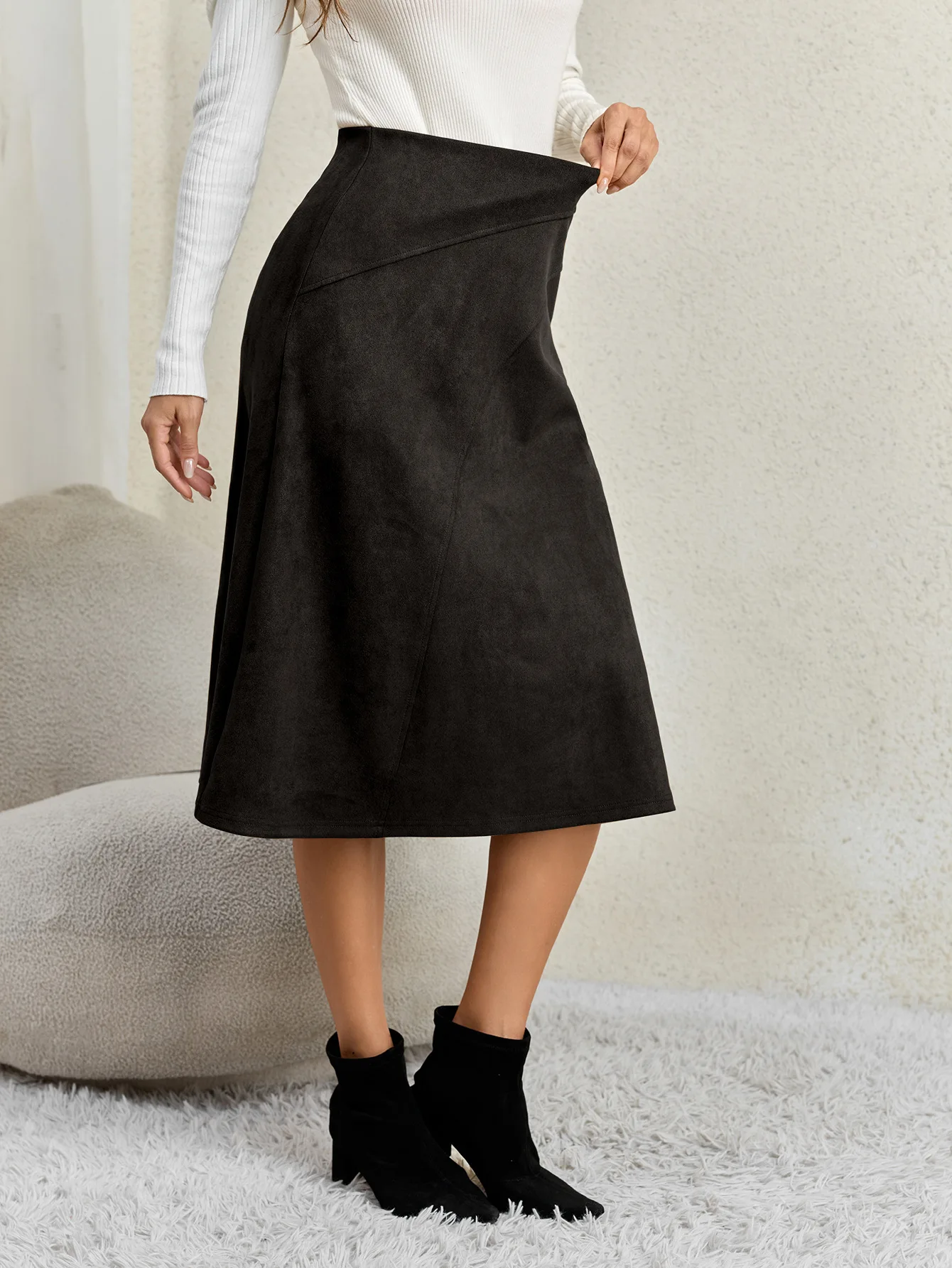 Women's Autumn Winter Suede Midi Skirts 2026 Fashion High Waist A-line Office Lady Casual Skirt