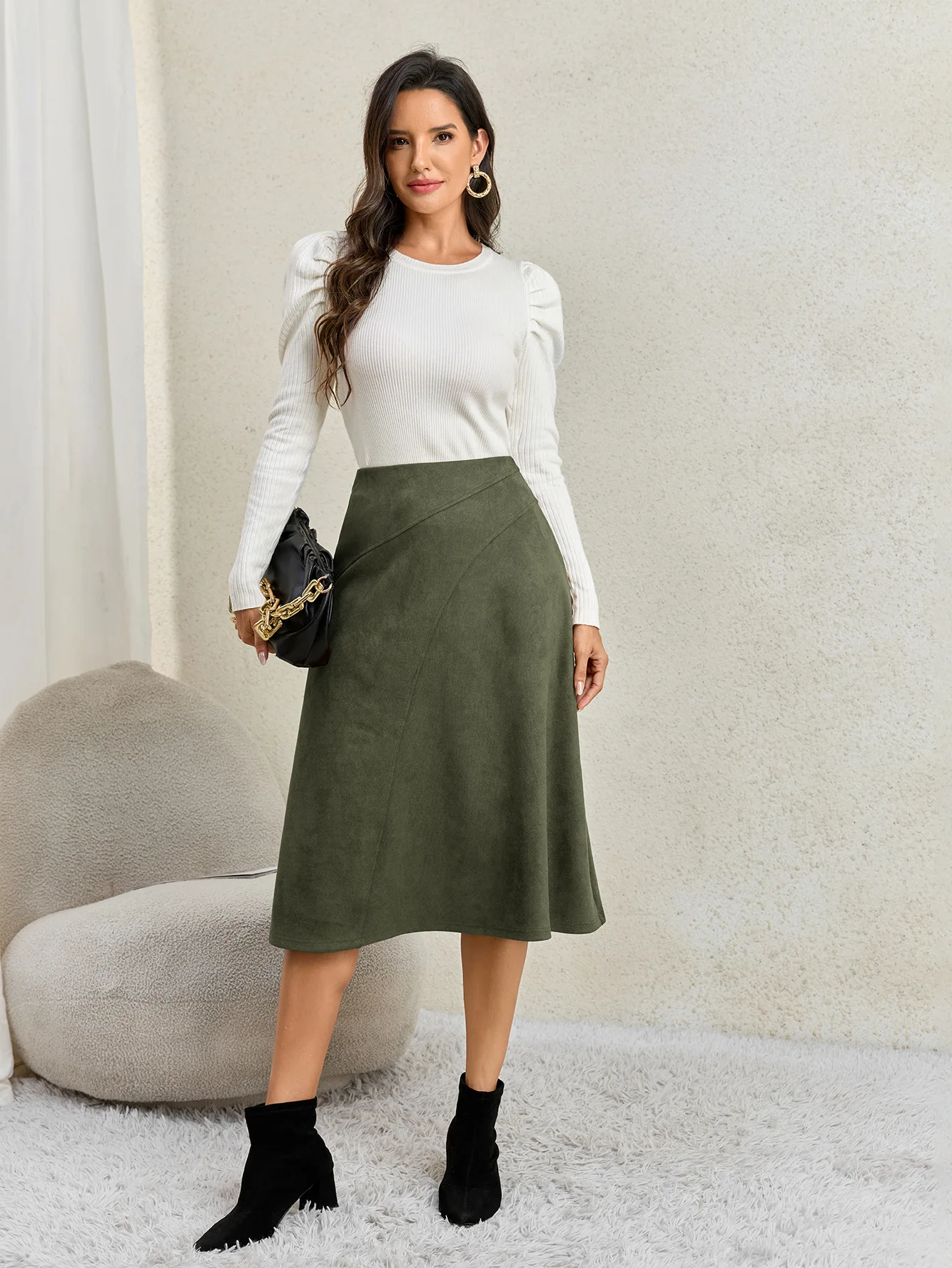 Women's Autumn Winter Suede Midi Skirts 2026 Fashion High Waist A-line Office Lady Casual Skirt