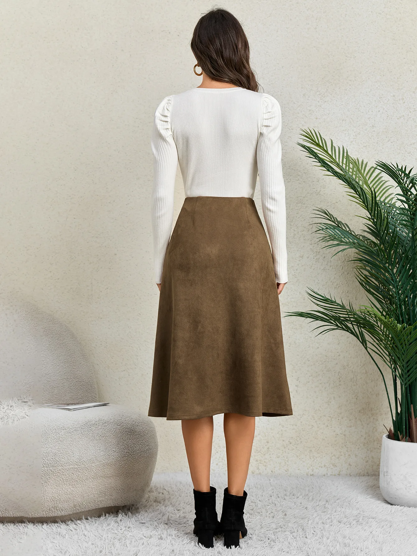 Women's Autumn Winter Suede Midi Skirts 2026 Fashion High Waist A-line Office Lady Casual Skirt