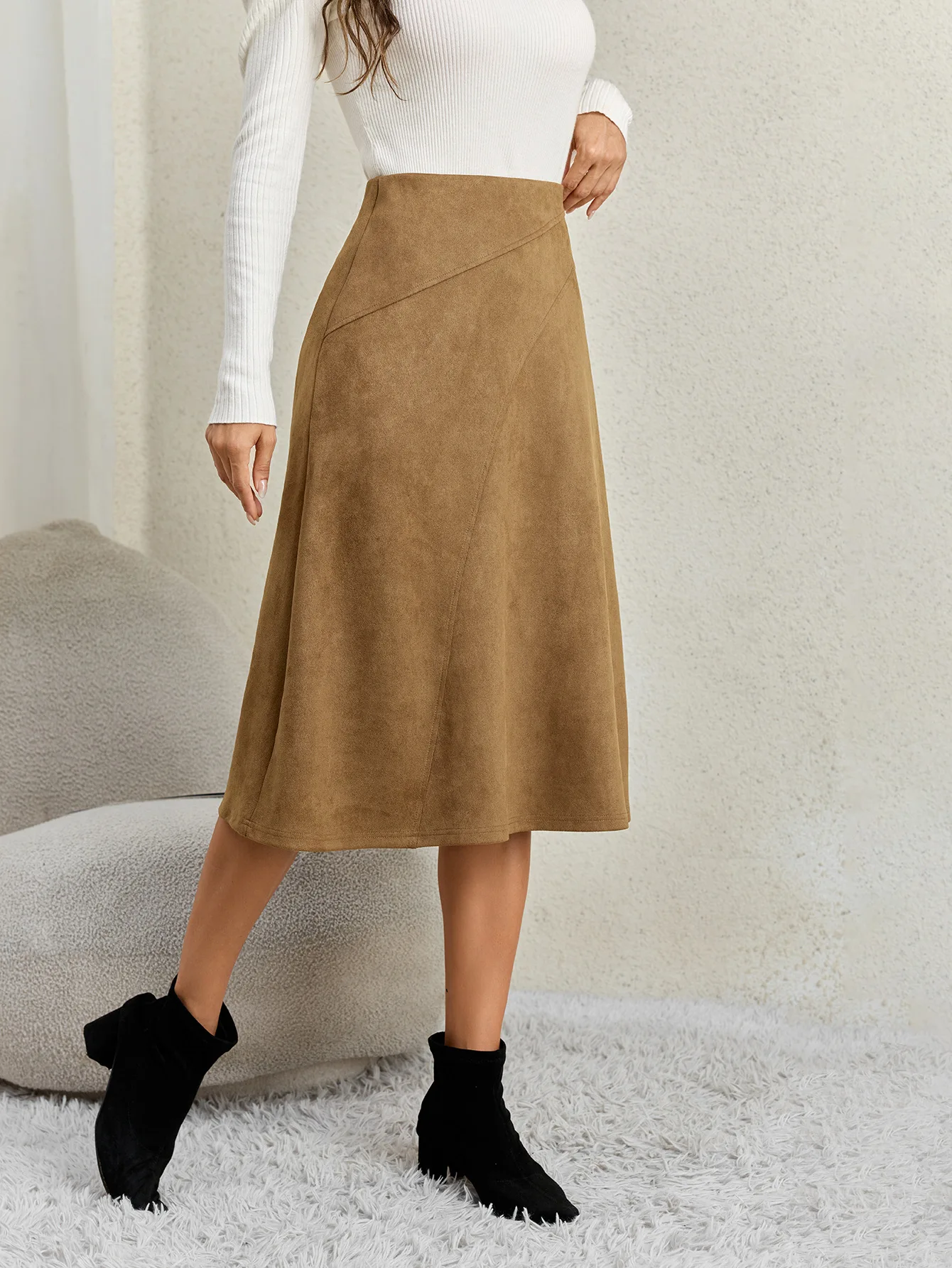 Women's Autumn Winter Suede Midi Skirts 2026 Fashion High Waist A-line Office Lady Casual Skirt
