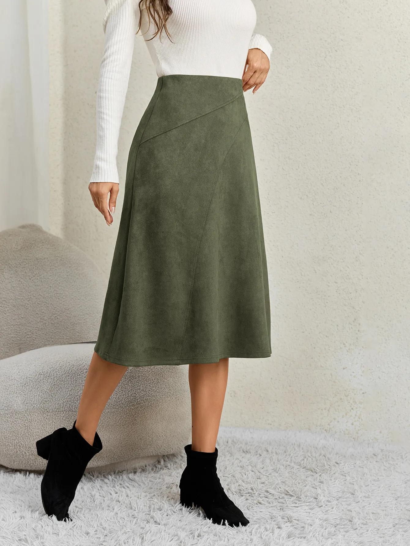 Women's Autumn Winter Suede Midi Skirts 2026 Fashion High Waist A-line Office Lady Casual Skirt