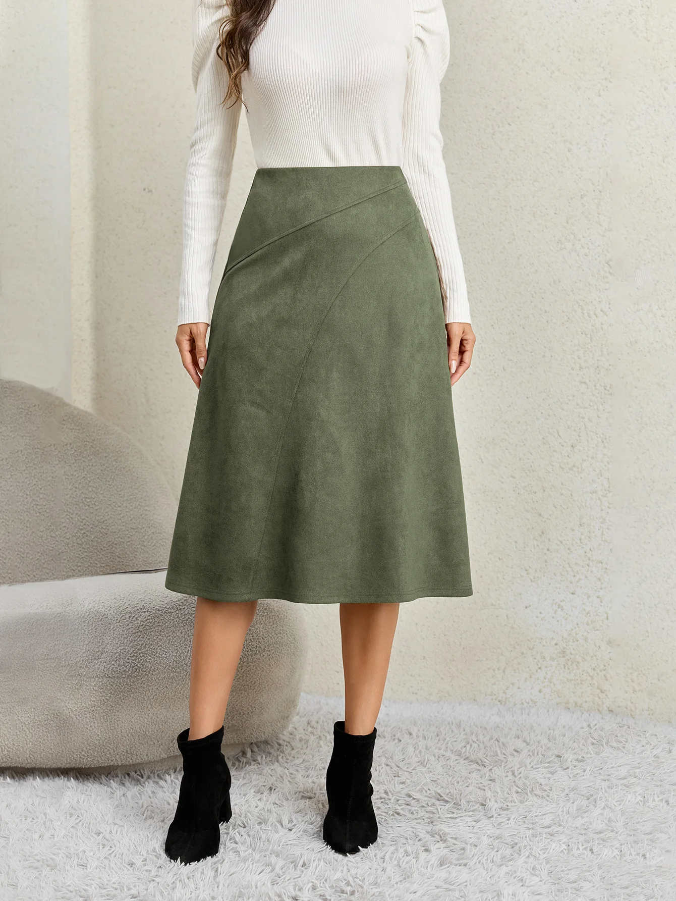 Women's Autumn Winter Suede Midi Skirts 2026 Fashion High Waist A-line Office Lady Casual Skirt