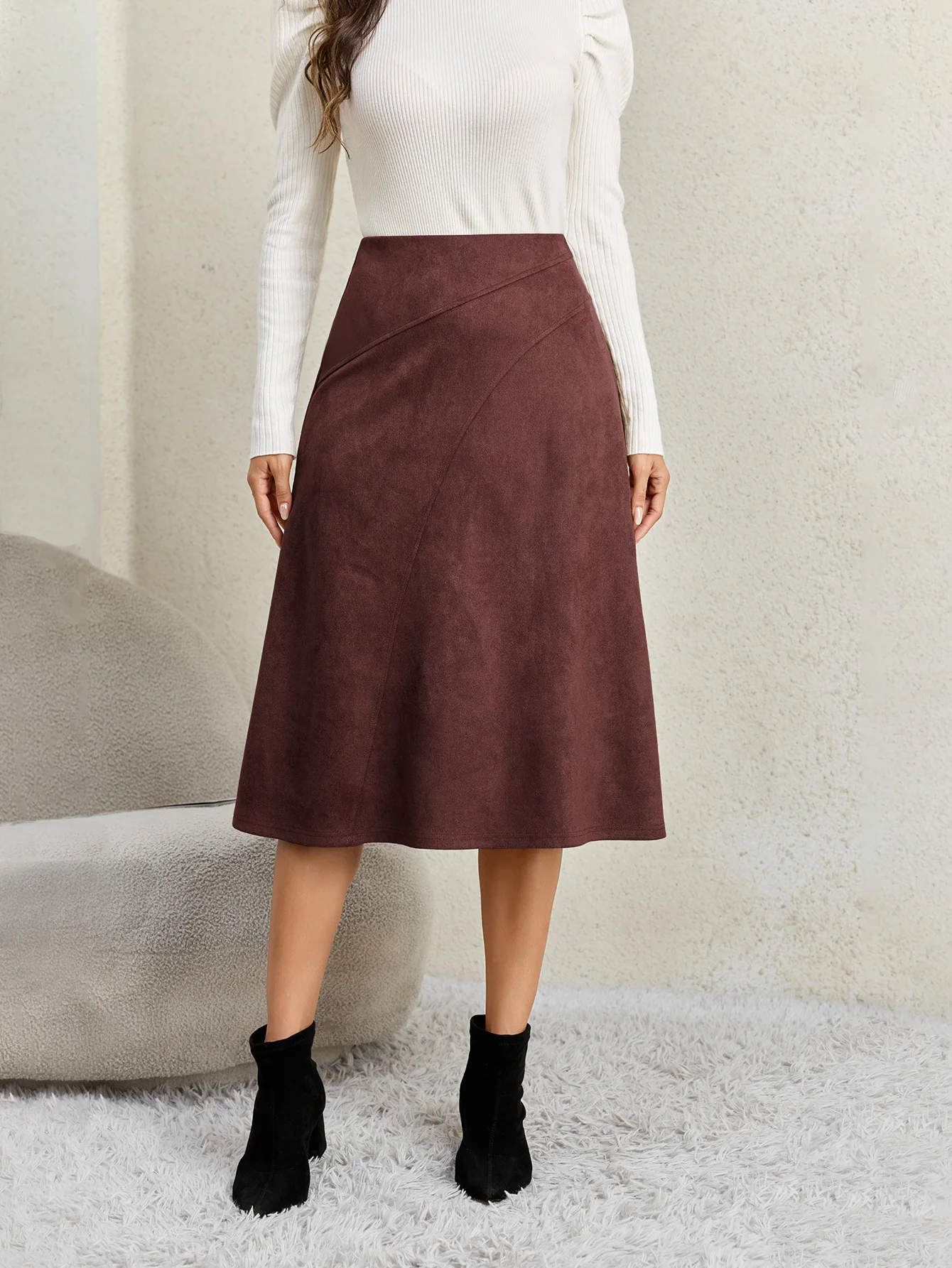 Women's Autumn Winter Suede Midi Skirts 2026 Fashion High Waist A-line Office Lady Casual Skirt