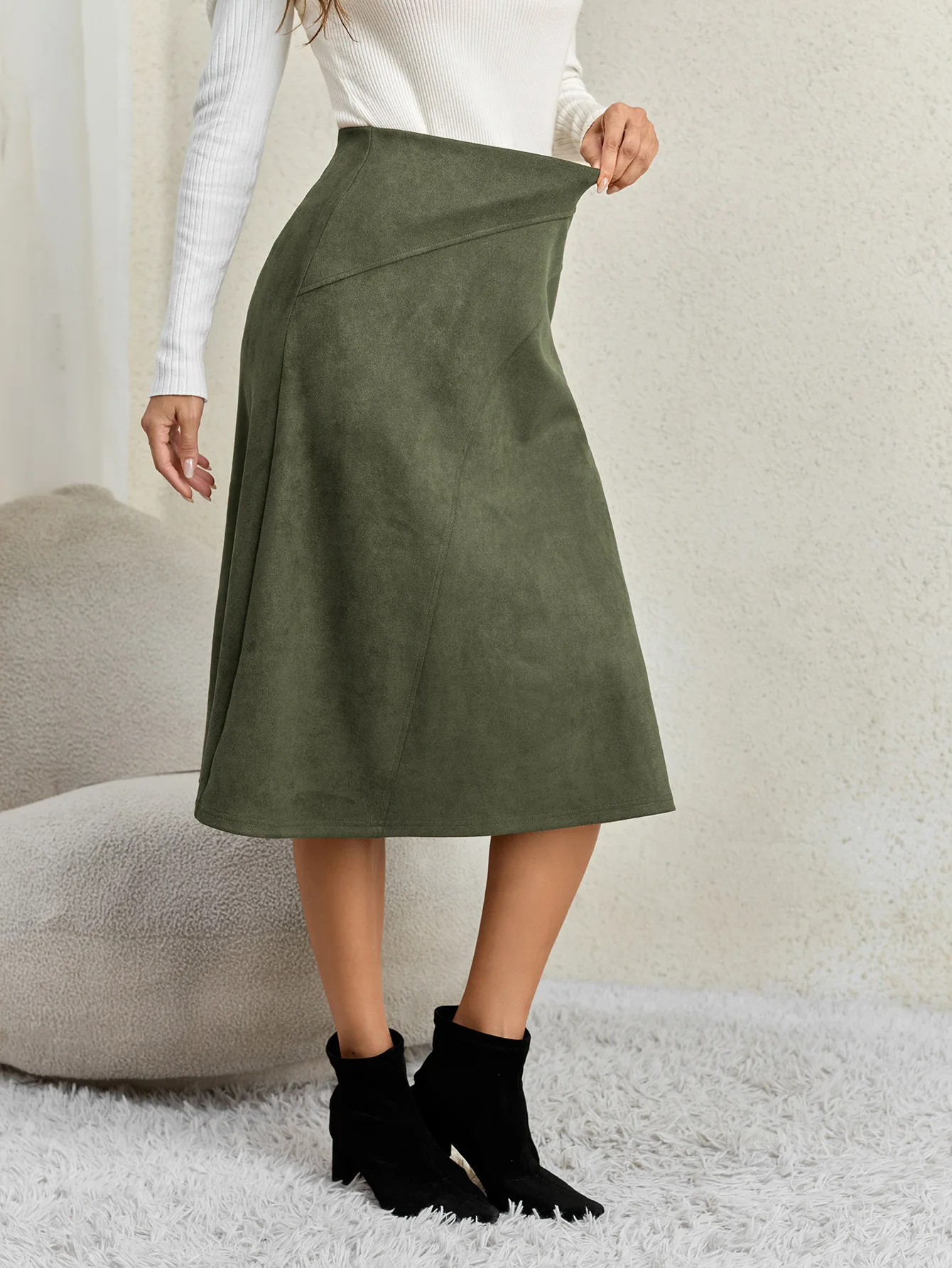 Women's Autumn Winter Suede Midi Skirts 2026 Fashion High Waist A-line Office Lady Casual Skirt