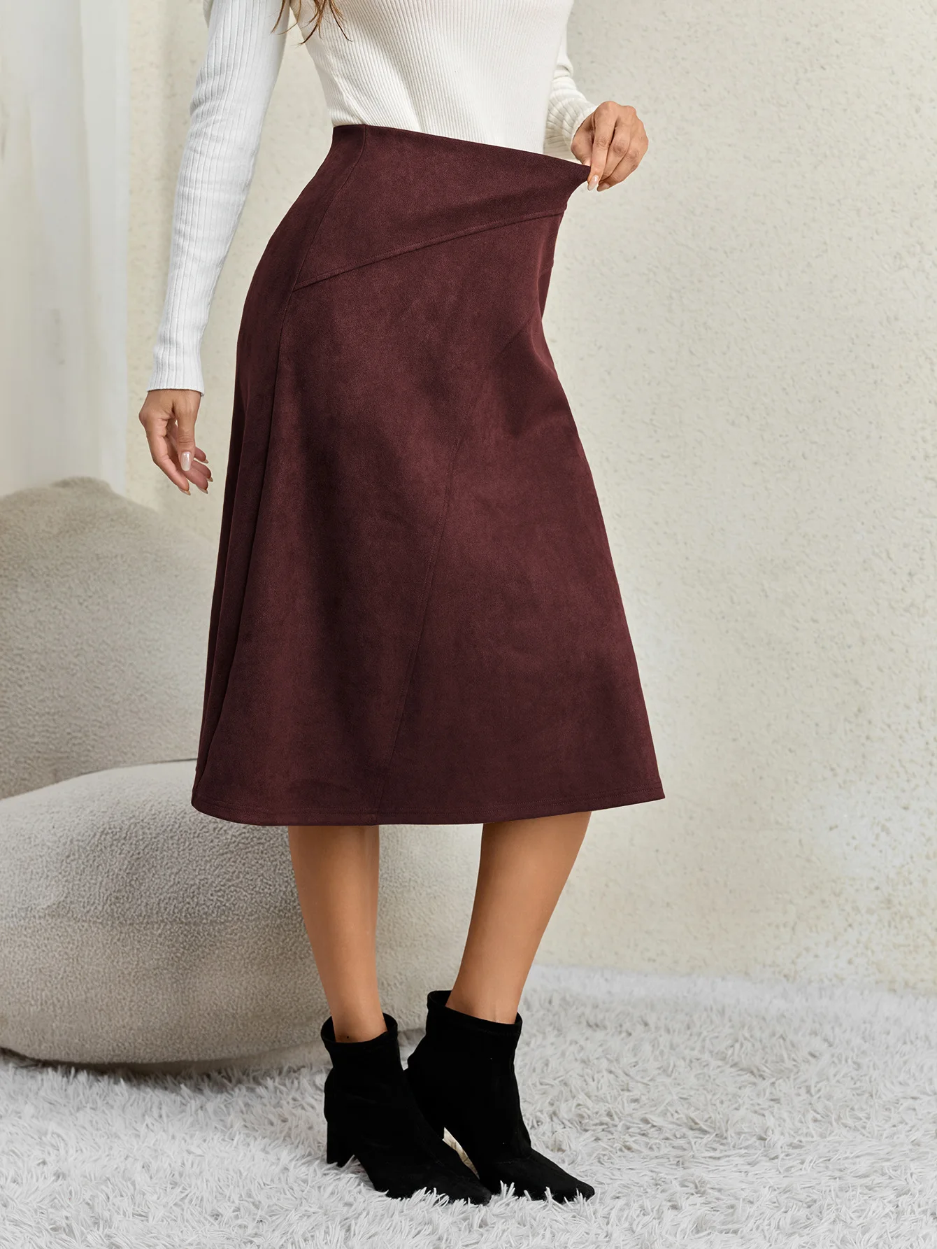 Women's Autumn Winter Suede Midi Skirts 2026 Fashion High Waist A-line Office Lady Casual Skirt