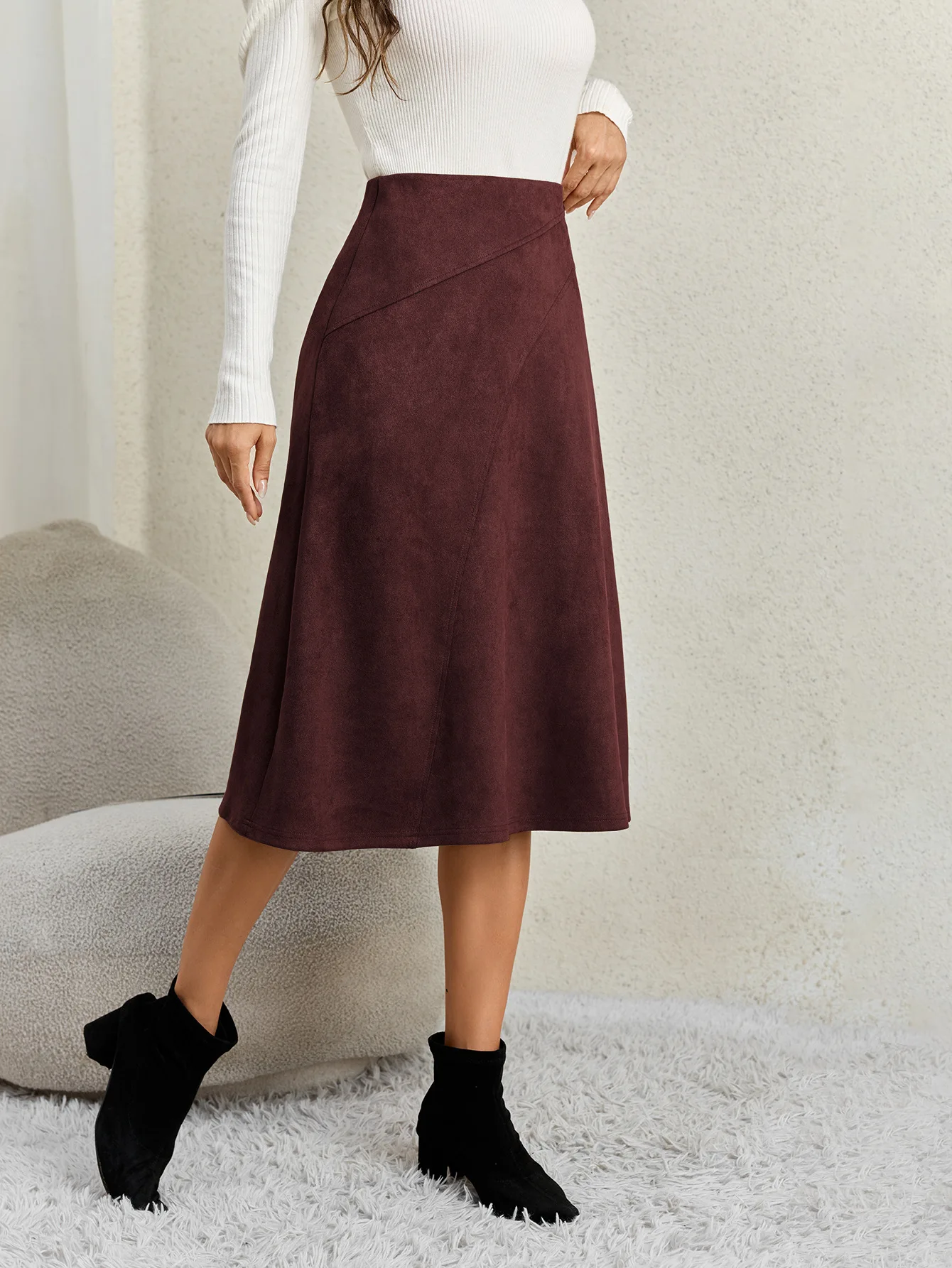 Women's Autumn Winter Suede Midi Skirts 2026 Fashion High Waist A-line Office Lady Casual Skirt