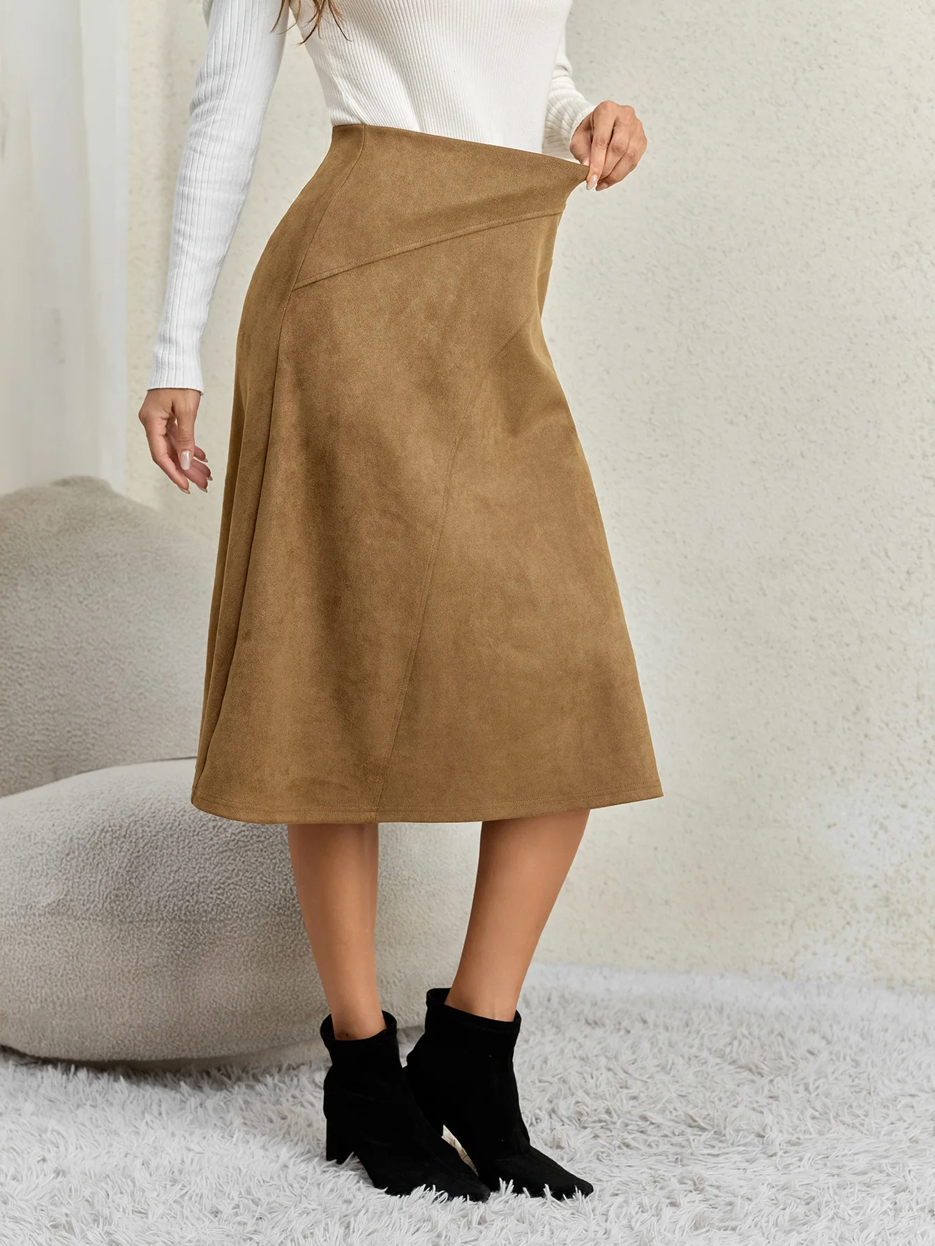 Women's Autumn Winter Suede Midi Skirts 2026 Fashion High Waist A-line Office Lady Casual Skirt