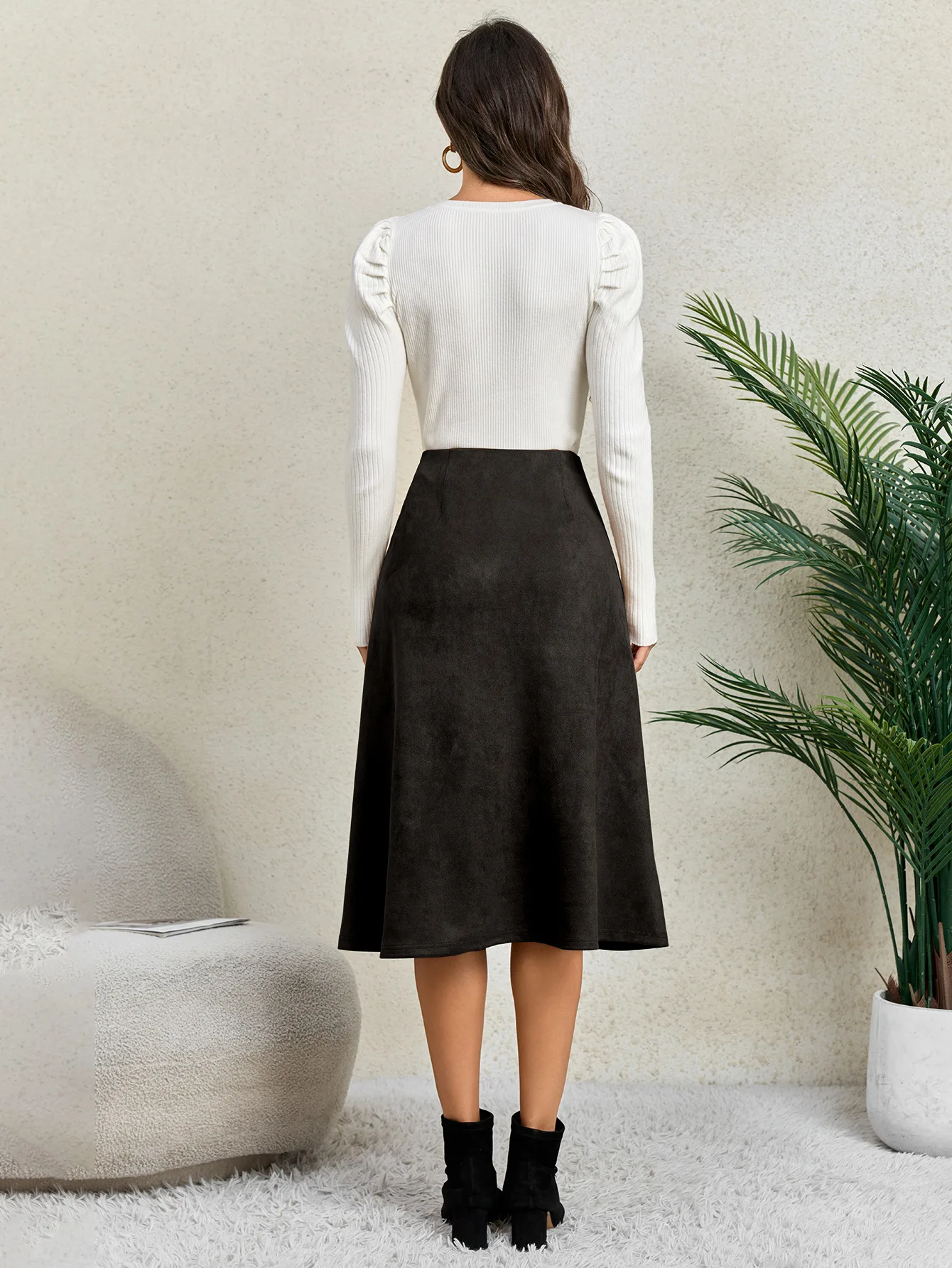 Women's Autumn Winter Suede Midi Skirts 2026 Fashion High Waist A-line Office Lady Casual Skirt