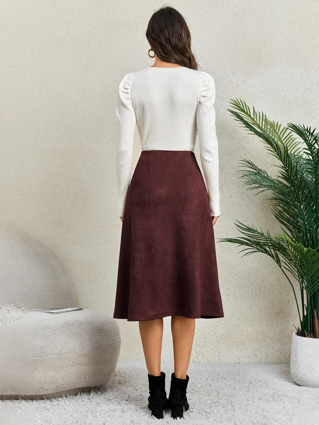 Women's Autumn Winter Suede Midi Skirts 2026 Fashion High Waist A-line Office Lady Casual Skirt