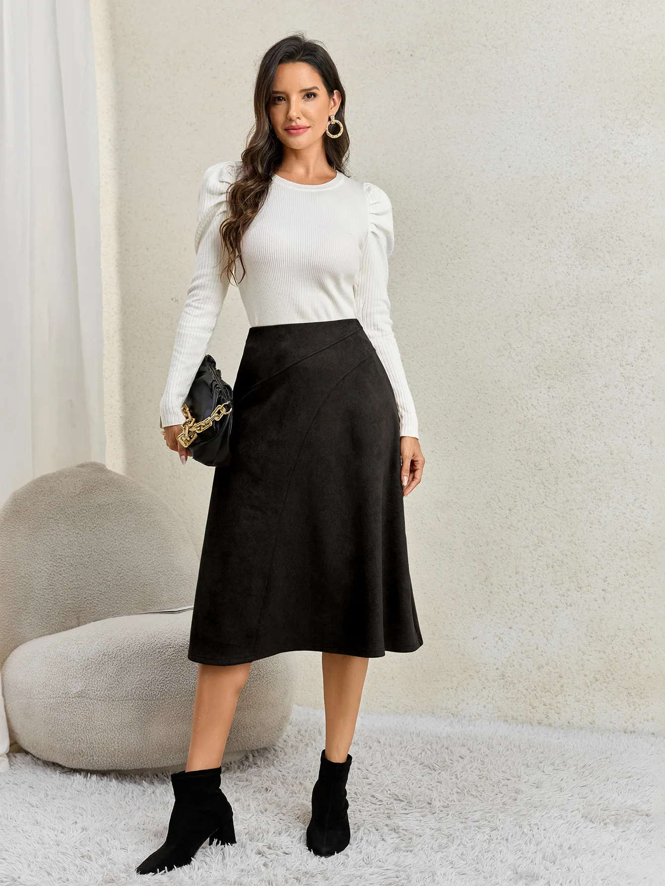 Women's Autumn Winter Suede Midi Skirts 2026 Fashion High Waist A-line Office Lady Casual Skirt