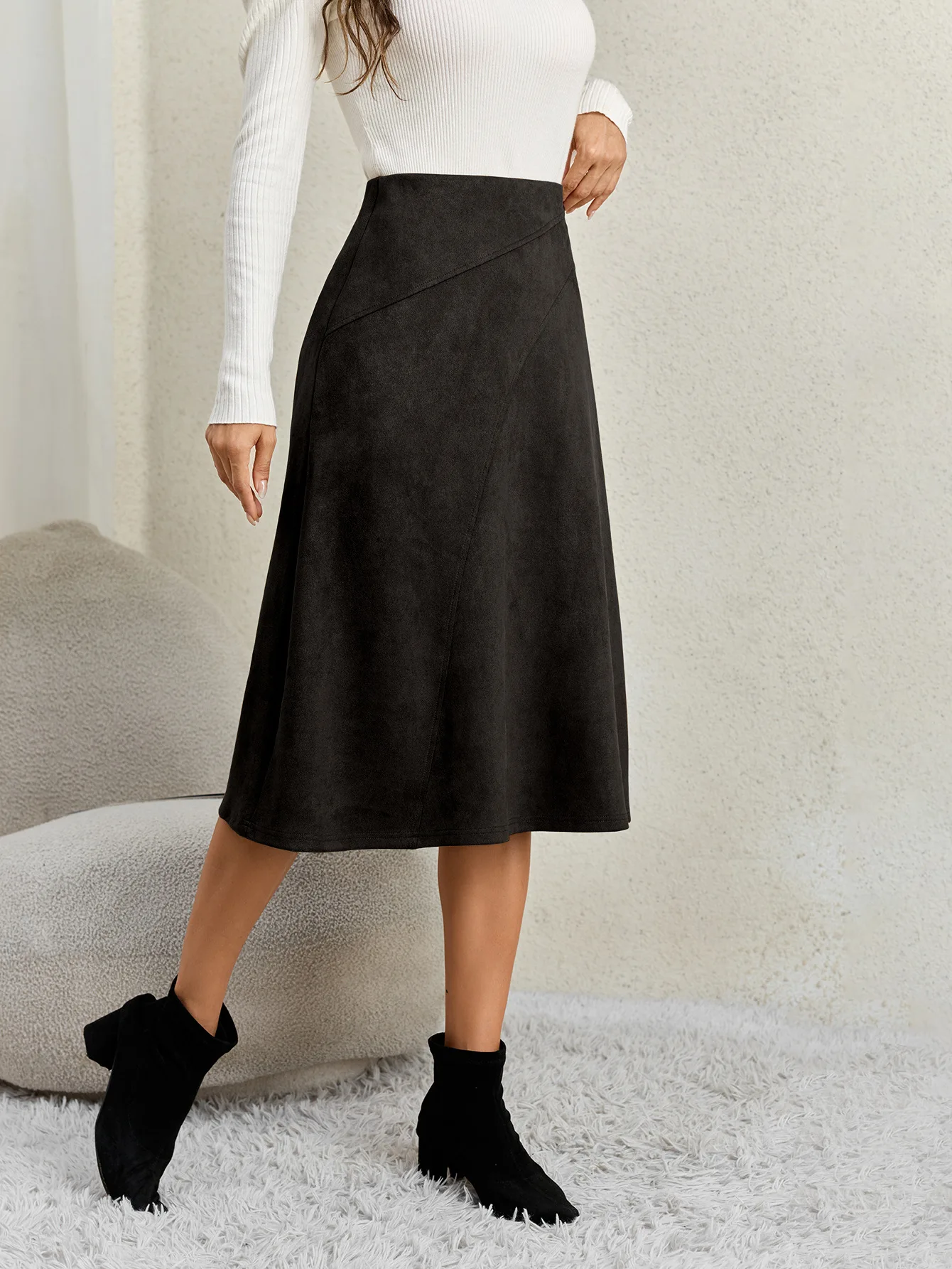 Women's Autumn Winter Suede Midi Skirts 2026 Fashion High Waist A-line Office Lady Casual Skirt