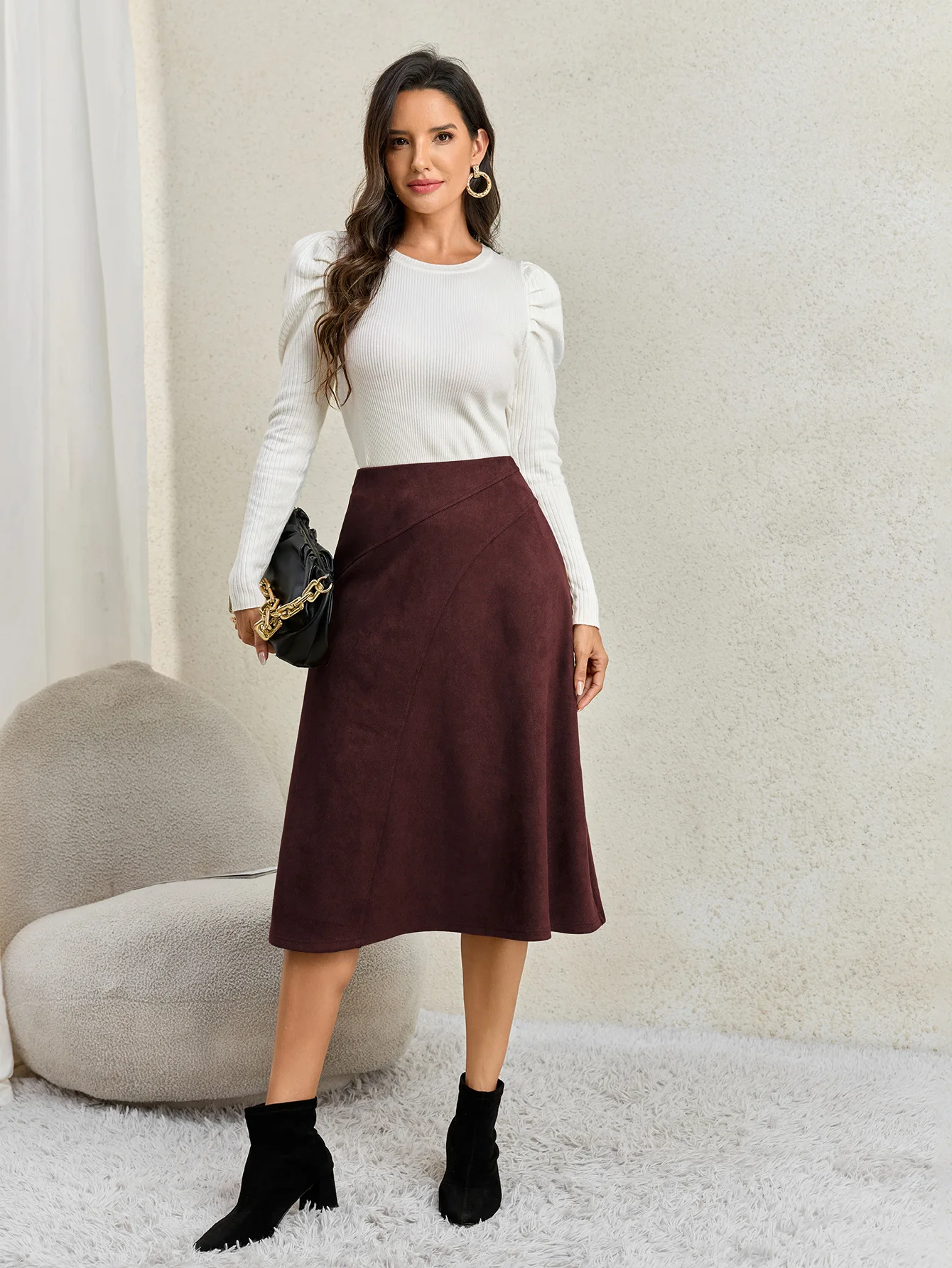 Women's Autumn Winter Suede Midi Skirts 2026 Fashion High Waist A-line Office Lady Casual Skirt
