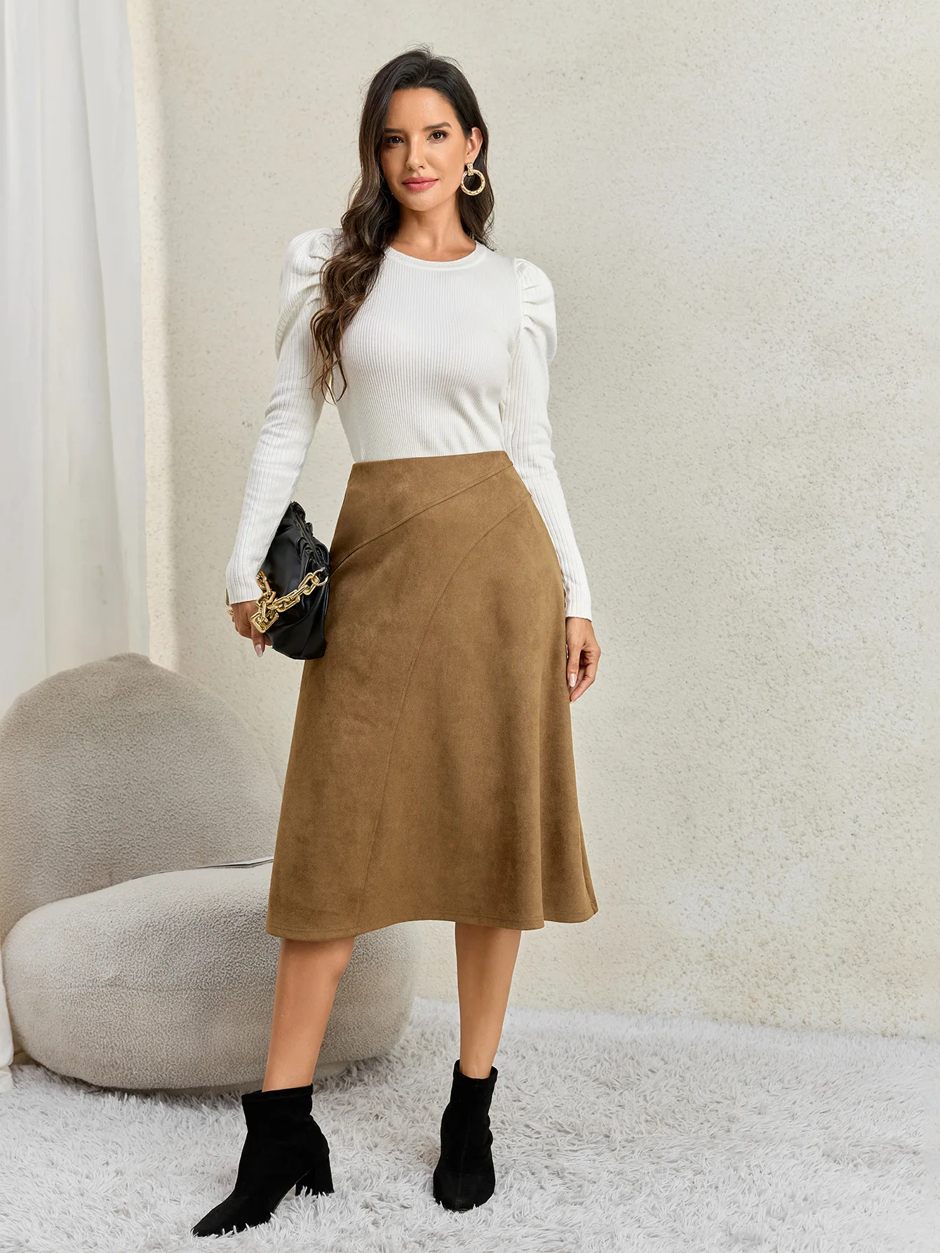 Women's Autumn Winter Suede Midi Skirts 2026 Fashion High Waist A-line Office Lady Casual Skirt