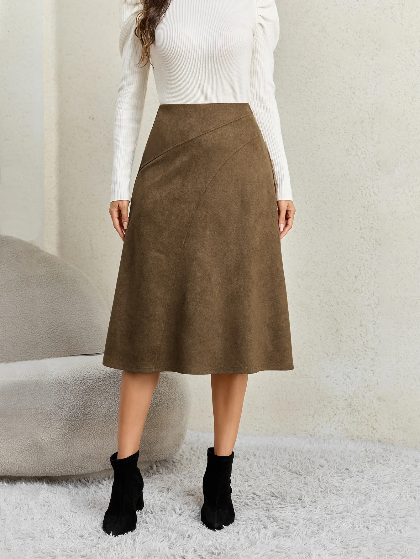 Women's Autumn Winter Suede Midi Skirts 2026 Fashion High Waist A-line Office Lady Casual Skirt