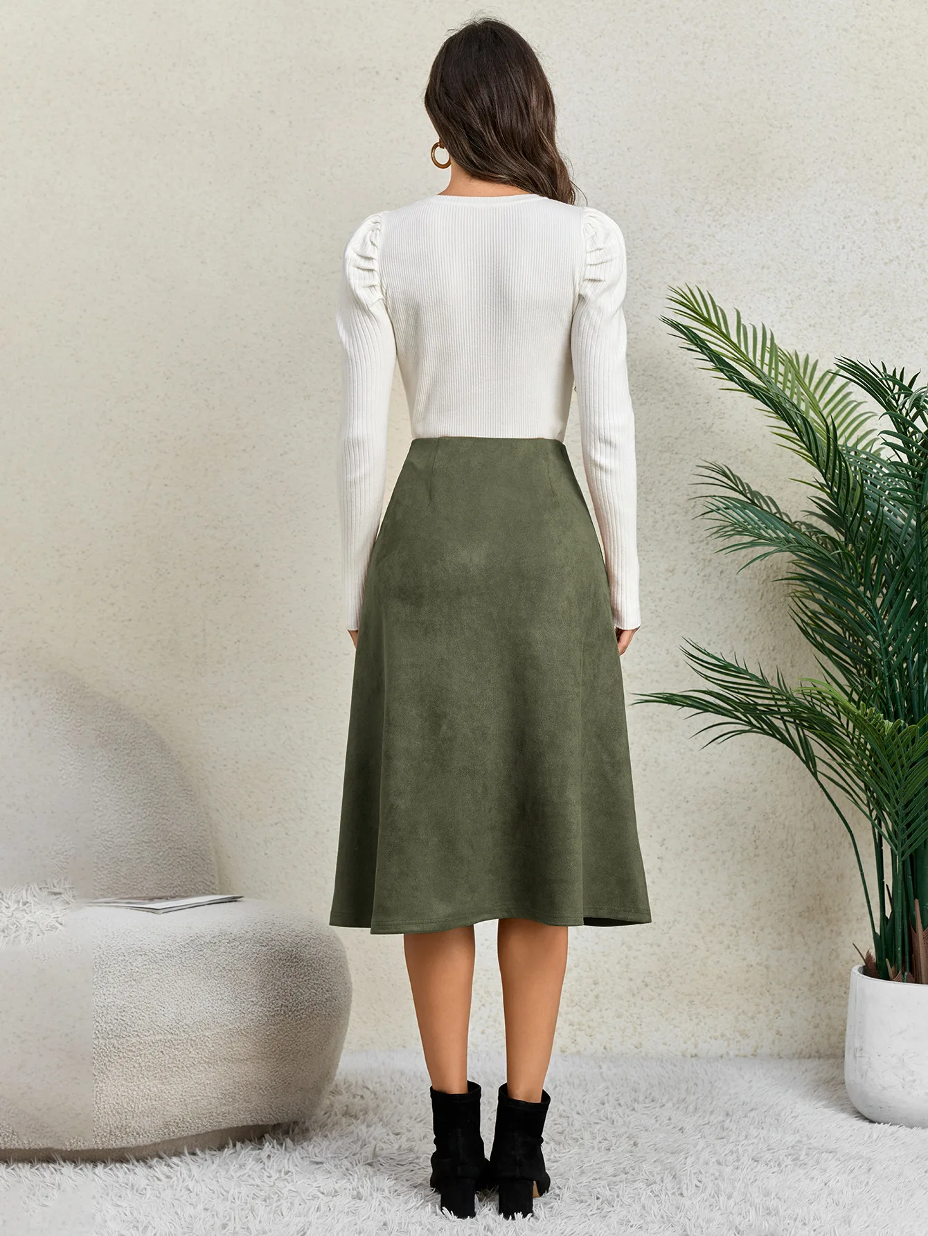 Women's Autumn Winter Suede Midi Skirts 2026 Fashion High Waist A-line Office Lady Casual Skirt