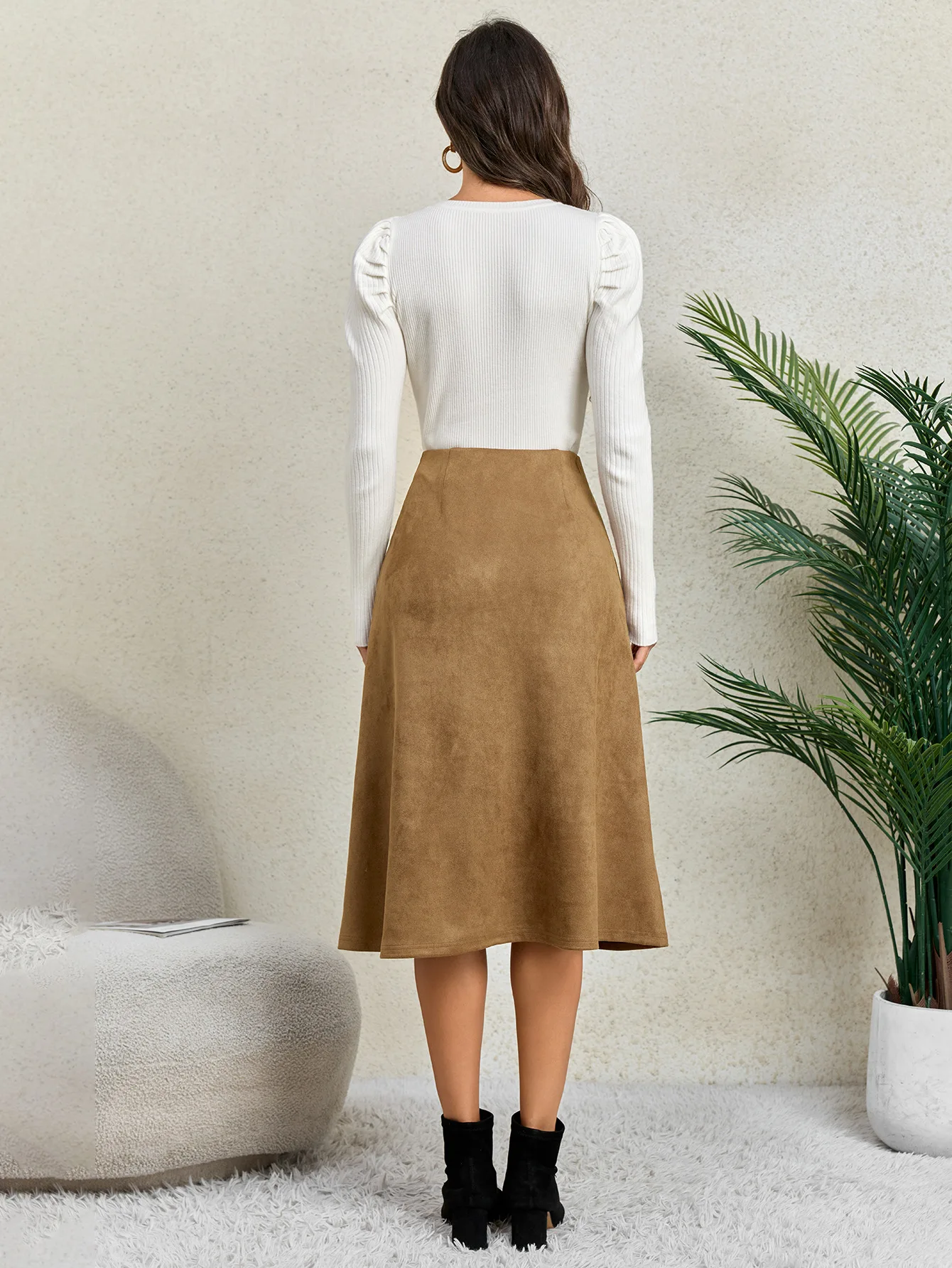 Women's Autumn Winter Suede Midi Skirts 2026 Fashion High Waist A-line Office Lady Casual Skirt