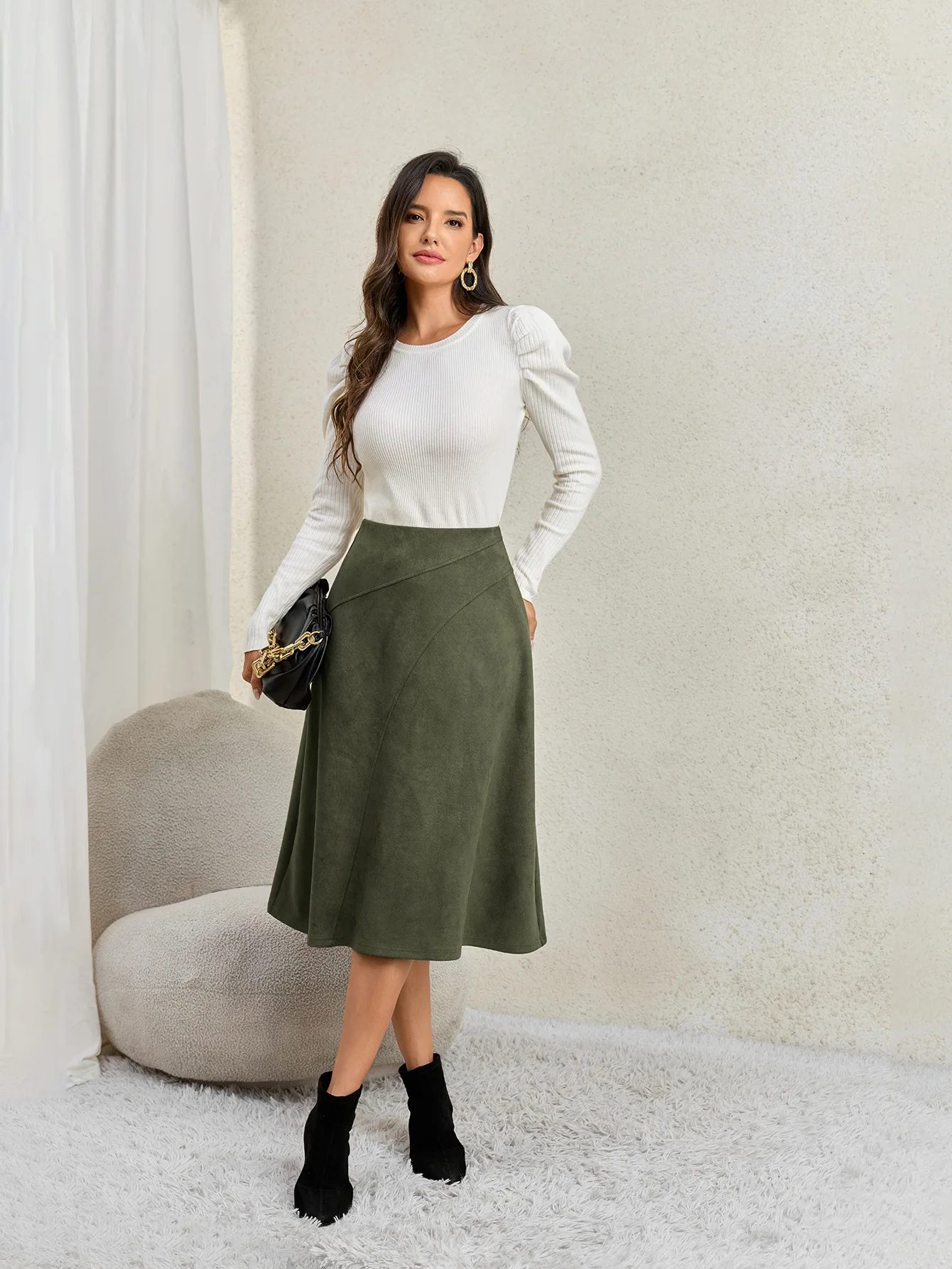 Women's Autumn Winter Suede Midi Skirts 2026 Fashion High Waist A-line Office Lady Casual Skirt
