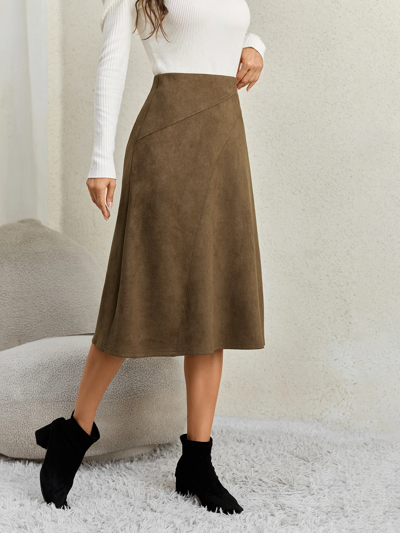 Women's Autumn Winter Suede Midi Skirts 2026 Fashion High Waist A-line Office Lady Casual Skirt
