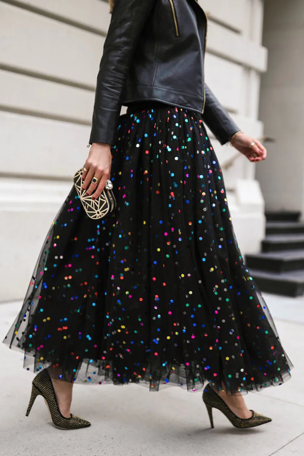 Elegant Women Mesh Skirts Sequin A Line Elasticity High Waist Pleated Skirt Spring Summer Ankle Length Party Long Skirt