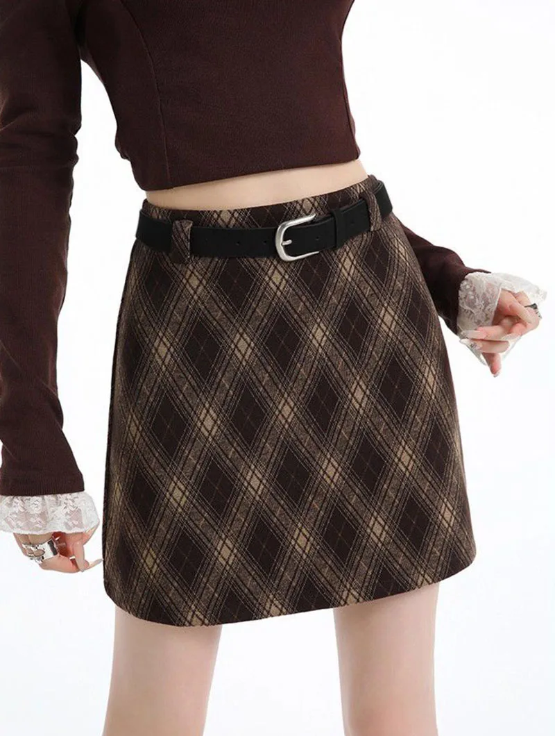 Vintage Argyle Plaid Skirt for Women 2026 Autumn Winter New High Waist Woolen Checkered Skirt Woman Korean Chic Bodycon Skirts