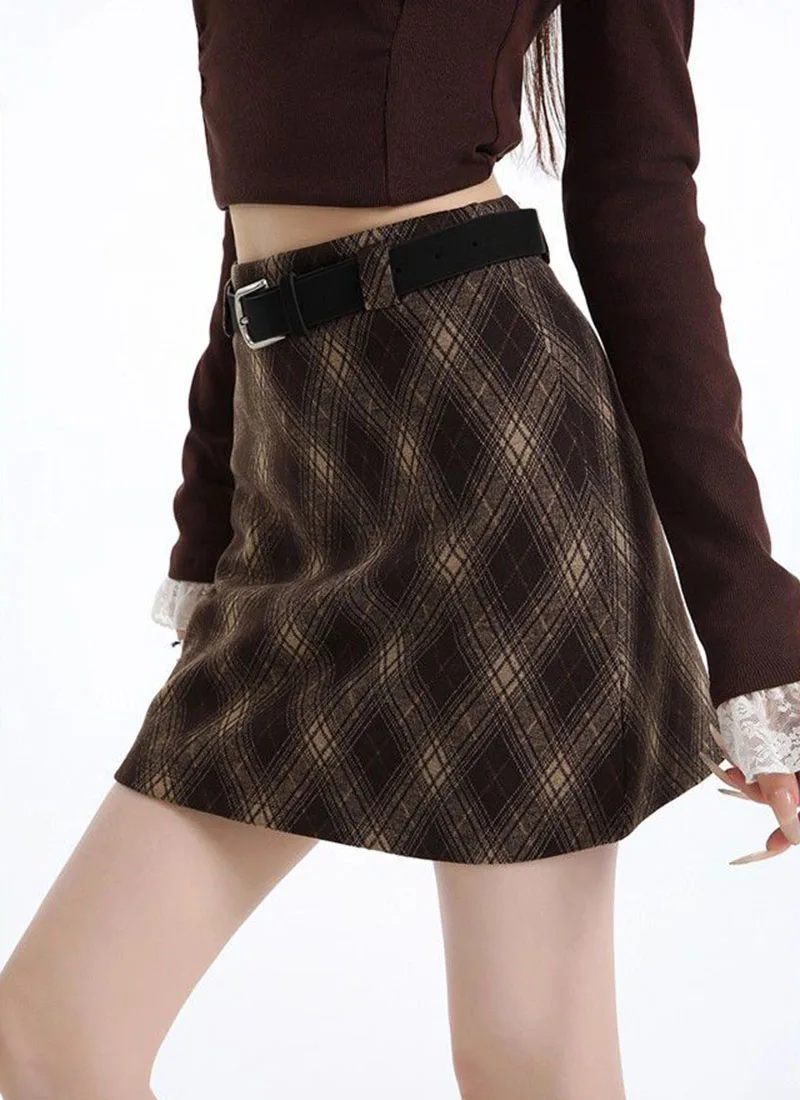Vintage Argyle Plaid Skirt for Women 2026 Autumn Winter New High Waist Woolen Checkered Skirt Woman Korean Chic Bodycon Skirts