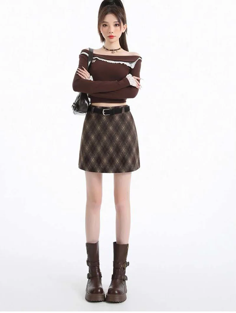 Vintage Argyle Plaid Skirt for Women 2026 Autumn Winter New High Waist Woolen Checkered Skirt Woman Korean Chic Bodycon Skirts