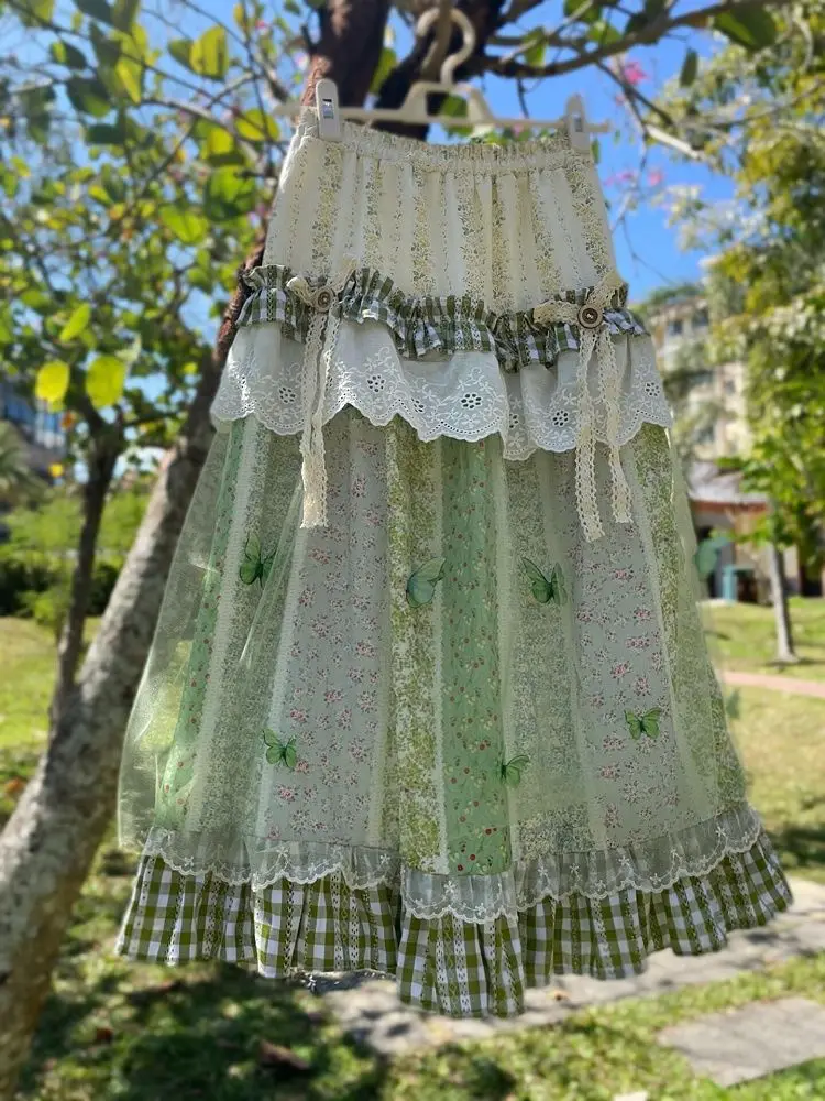 Matakawa Spring Autumn Floral Long Skirts Japanese Style Vintage Sweet Women Skirt Fashion Elegant Ruffles A-line Faldas Mujer