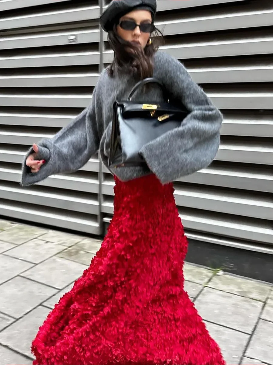 Wolfeel Winter Autumn Women's Fashion Chic Long Petal Skirt Design Inspired Evening Gown Elegant Lady Unique High Waisted Skirt