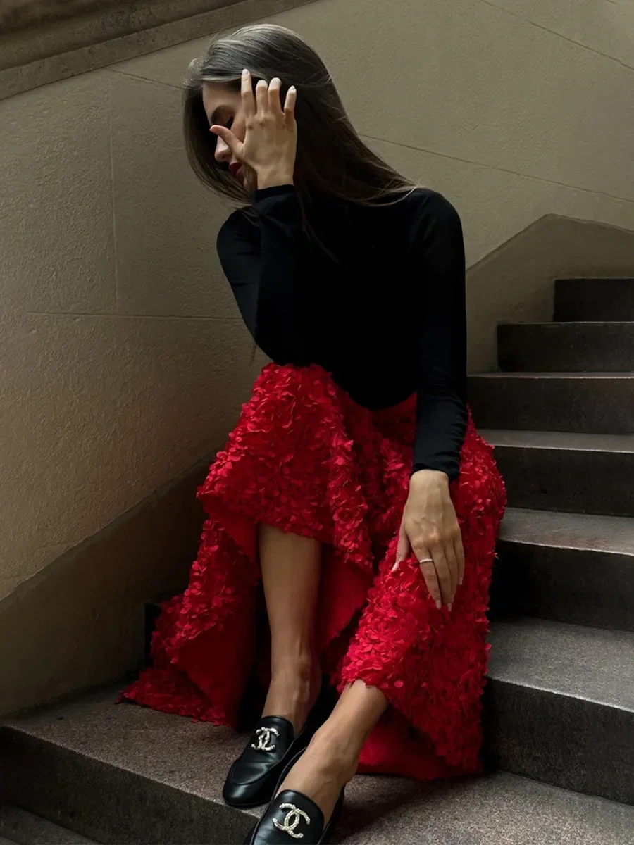 Wolfeel Winter Autumn Women's Fashion Chic Long Petal Skirt Design Inspired Evening Gown Elegant Lady Unique High Waisted Skirt