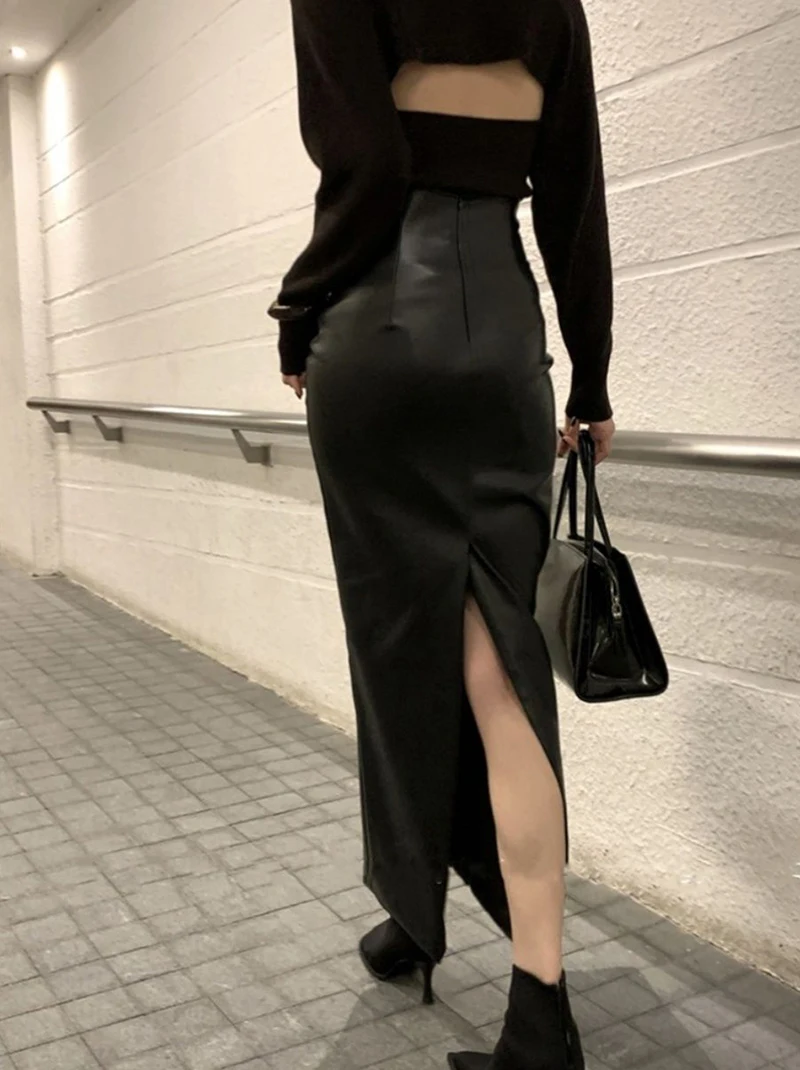 Vintage Pu Leather Slit Skirts Women High Waist Streetwear Slim Midi Skirts Y2K Korean Elegance Party Night Ladies Black Skirts