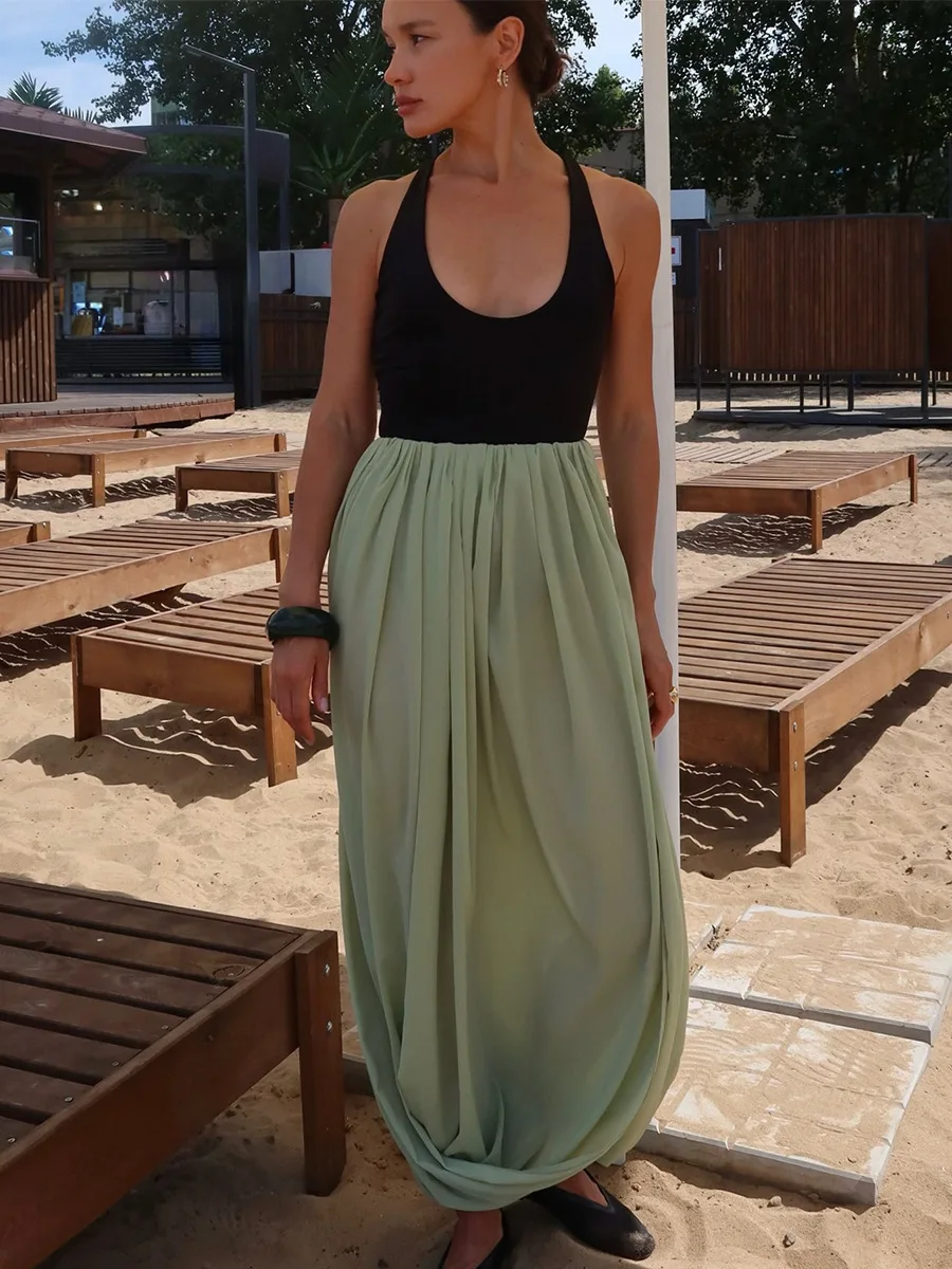 Bornladies Women's Spring Summer New Elegant Street Style Skirt Fashion Loose Ruched Draped Split Maxi Skirt