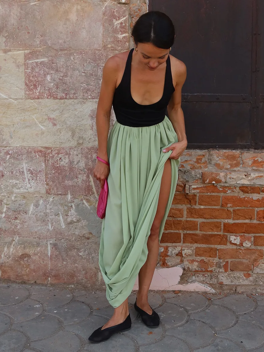 Bornladies Women's Spring Summer New Elegant Street Style Skirt Fashion Loose Ruched Draped Split Maxi Skirt